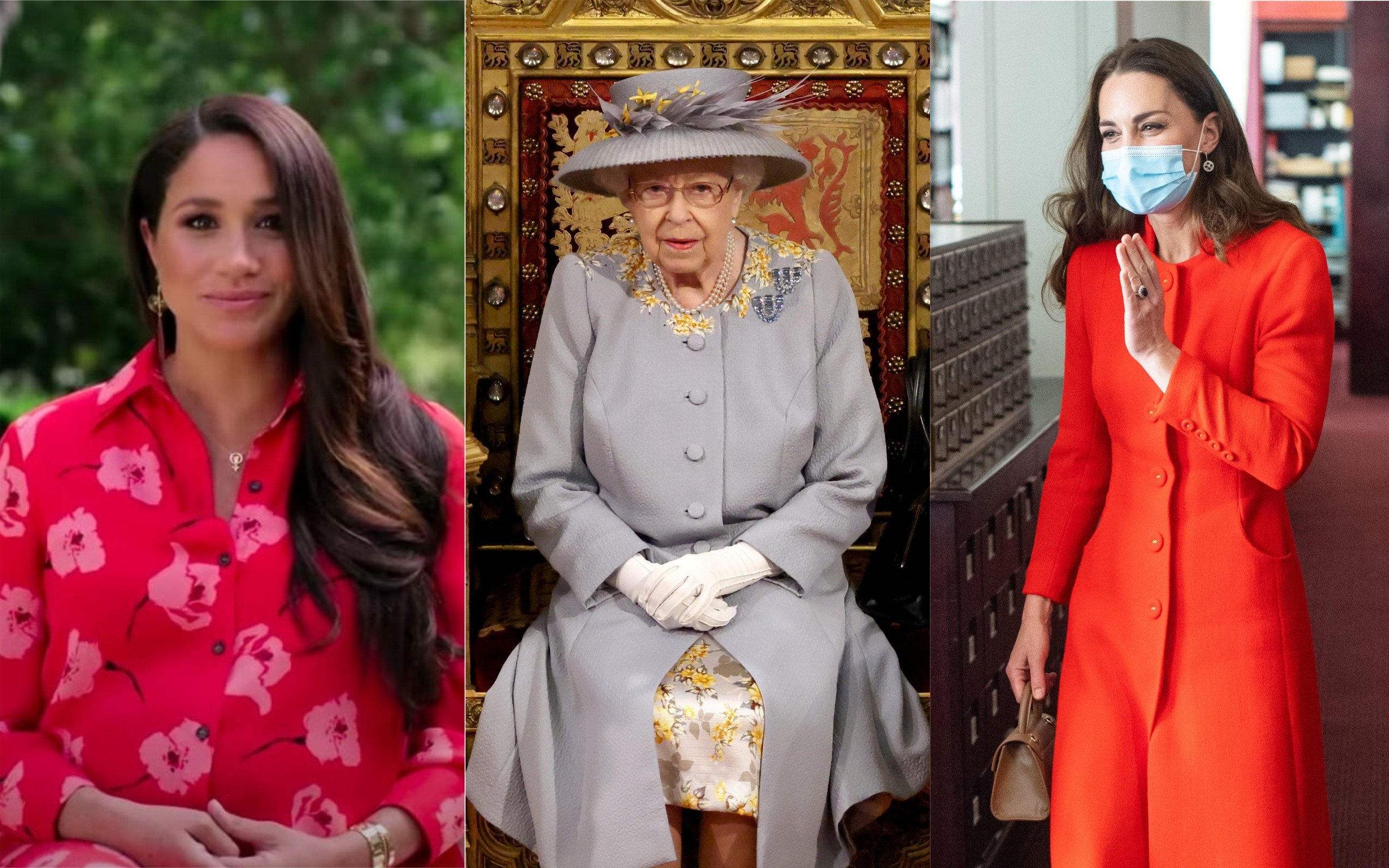 Meghan Markle, Queen Elizabeth and Kate Middleton went for florals in bright colours this May. Photos: Vax Live; Reuters