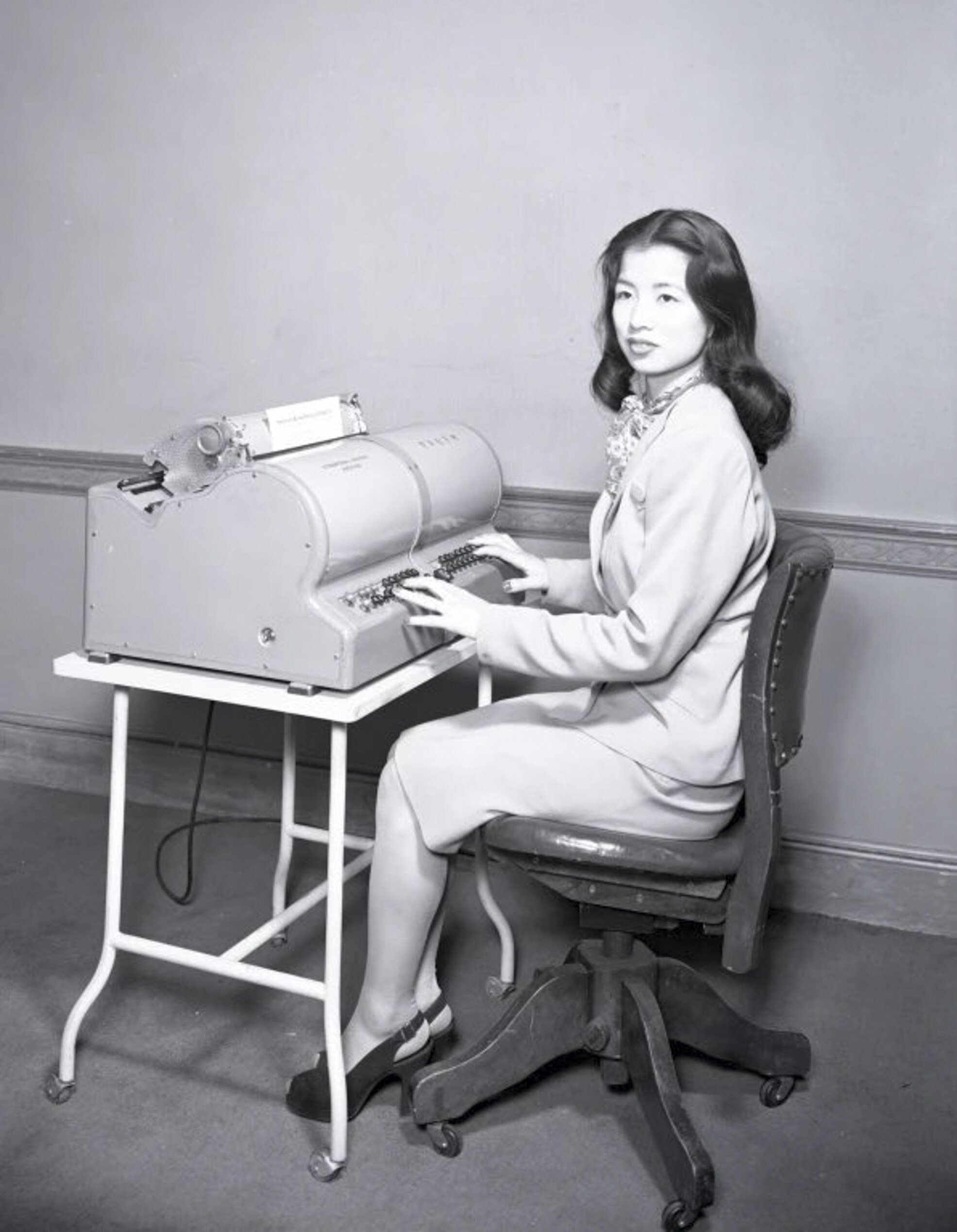 Lois Lew at IBM’s Chinese character typewriter in the late 1940s. Photo: IBM