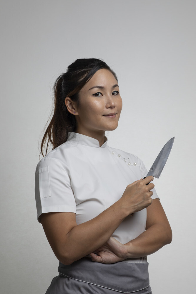 Chef Vicky Lau of Tate, with her favourite knife, in her restaurant in Sheung Wan, Hong Kong, in July 2020. Photo: SCMP