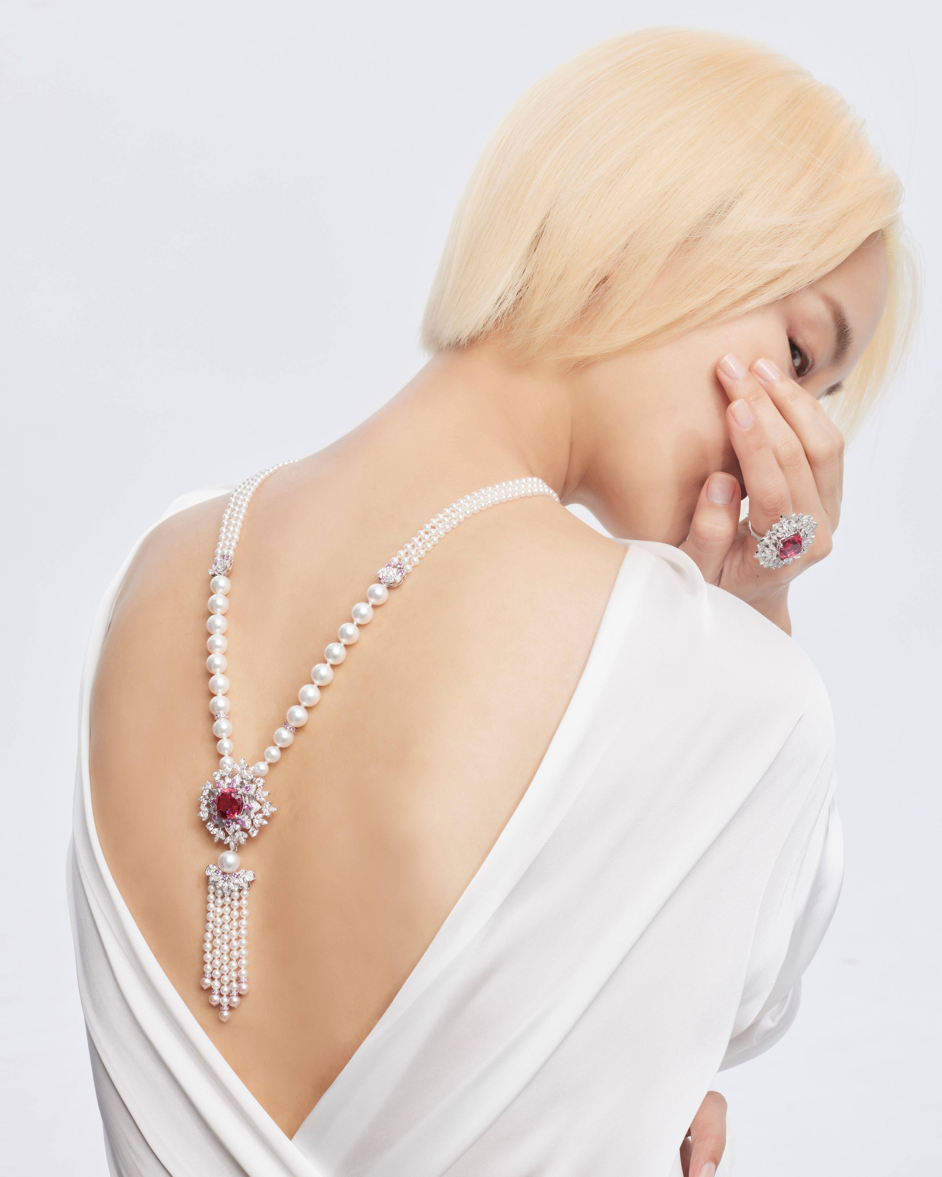 Piaget’s Wings of Light pearl jewellery, combining Akoya white pearls and pink freshwater pearls combine with red spinels from Tanzania, pink sapphires and pink spinels. Photo: Piaget