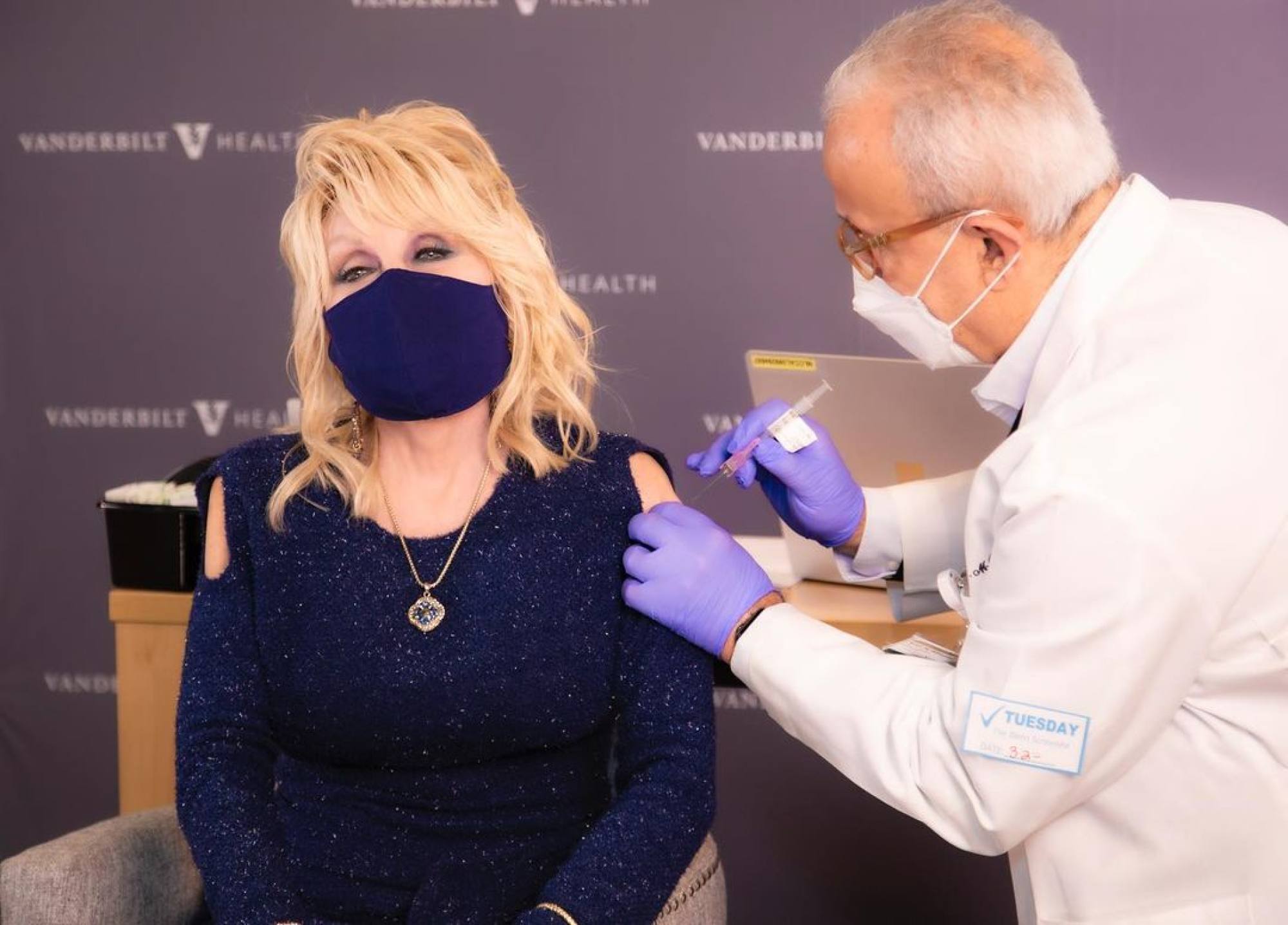 Dolly gets a dose of her own medicine in March 2021: the Moderna vaccine that resulted from research she helped fund. Photo: @dollyparton/Instagram