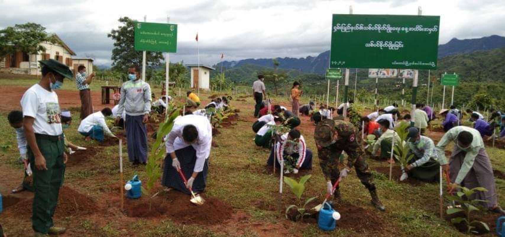 A tree-planting drive in Tigyit organised by Myanmar’s Forestry Department in February. Photo: Robert Bociaga