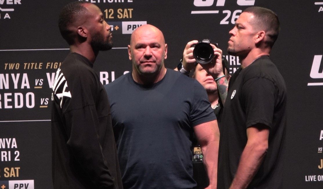 Leon Edwards (left) and Nate Diaz stare each other down at the UFC 263 press conference. Photos: Drake Riggs