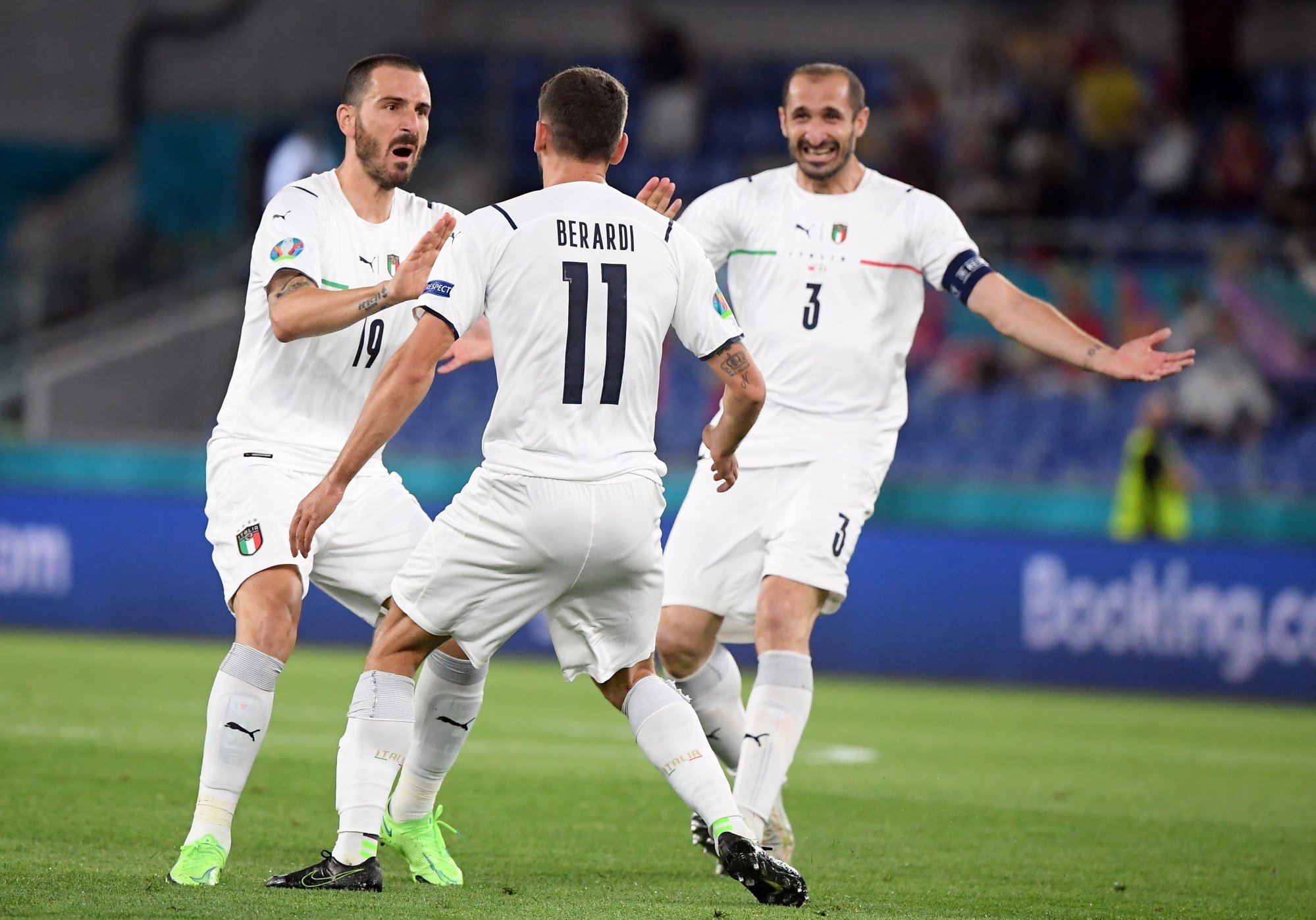 Leonardo Bonucci, Domenico Berardi and Giorgio Chiellini of Italy during the Euro 2020 match between Turkey and Italy in Rome, Italy on Friday. Photo: EPA-EFE