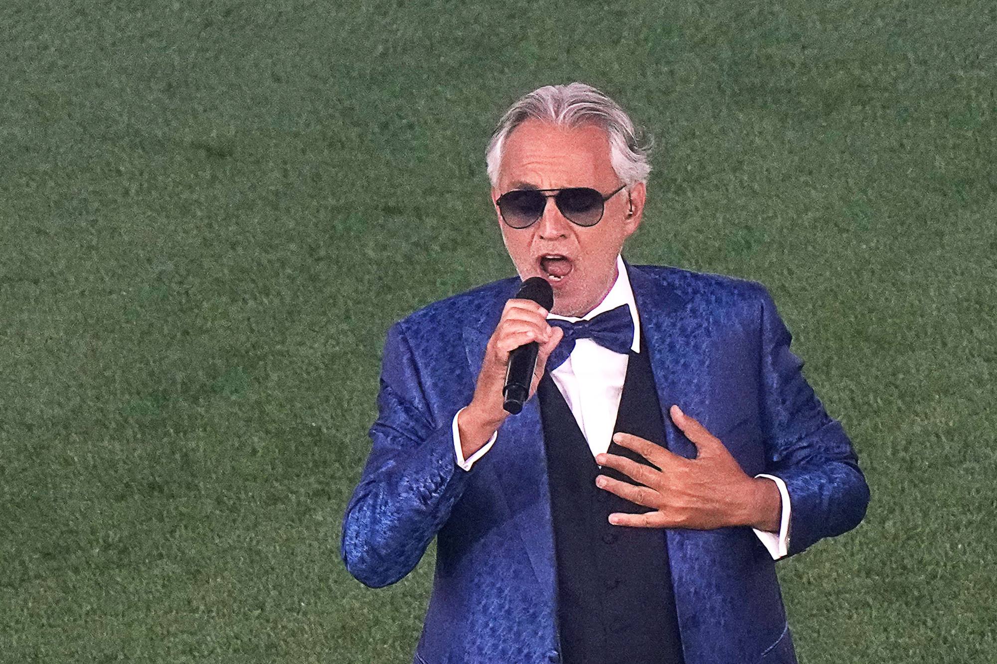 Italian singer Andrea Bocelli during the opening ceremony before the UEFA EURO 2020 football match between Turkey and Italy in Rome on Friday. Photo: AFP