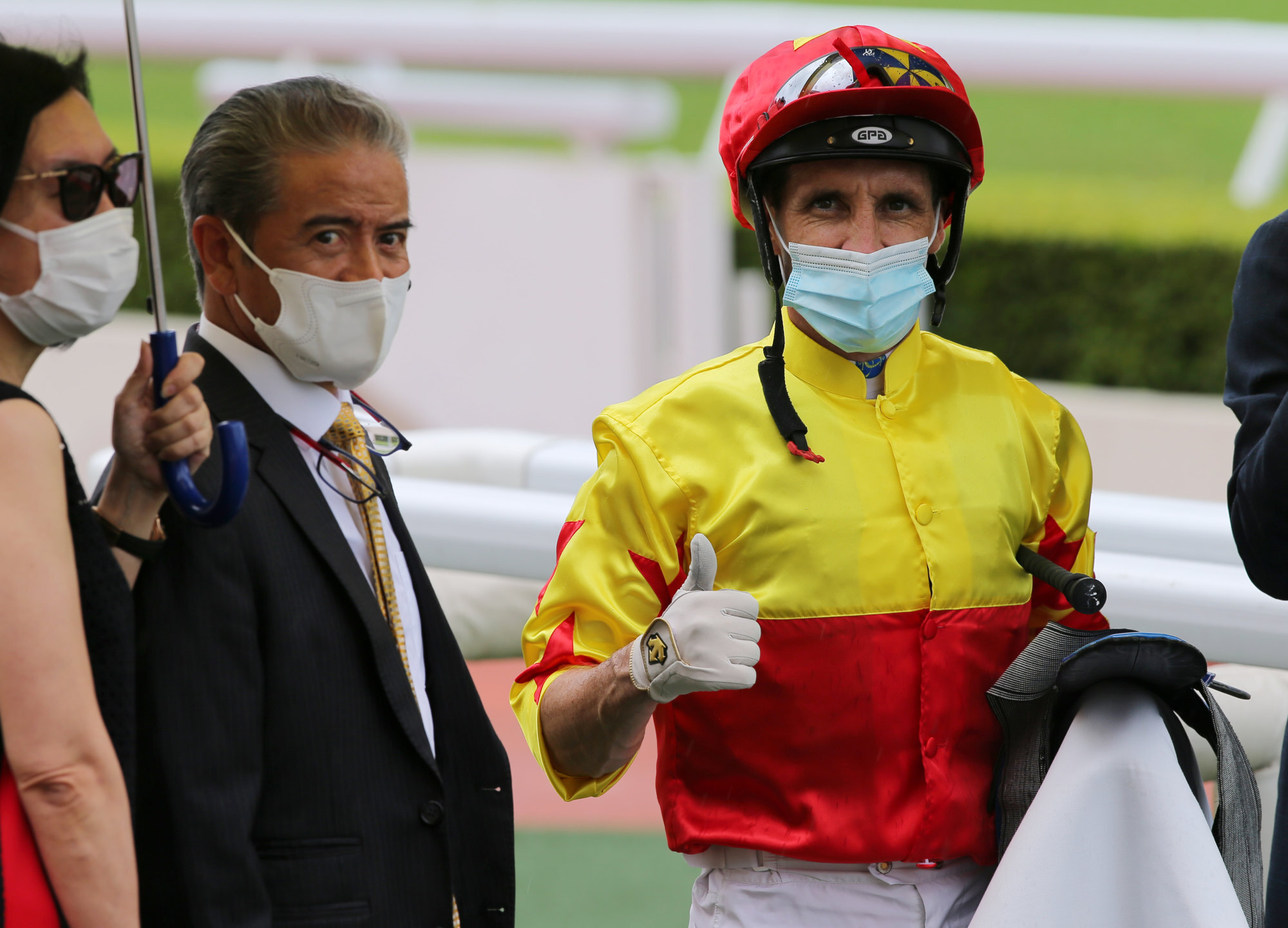 Trainer Tony Cruz and jockey Neil Callan are all smiles after California Spangle’s victory.