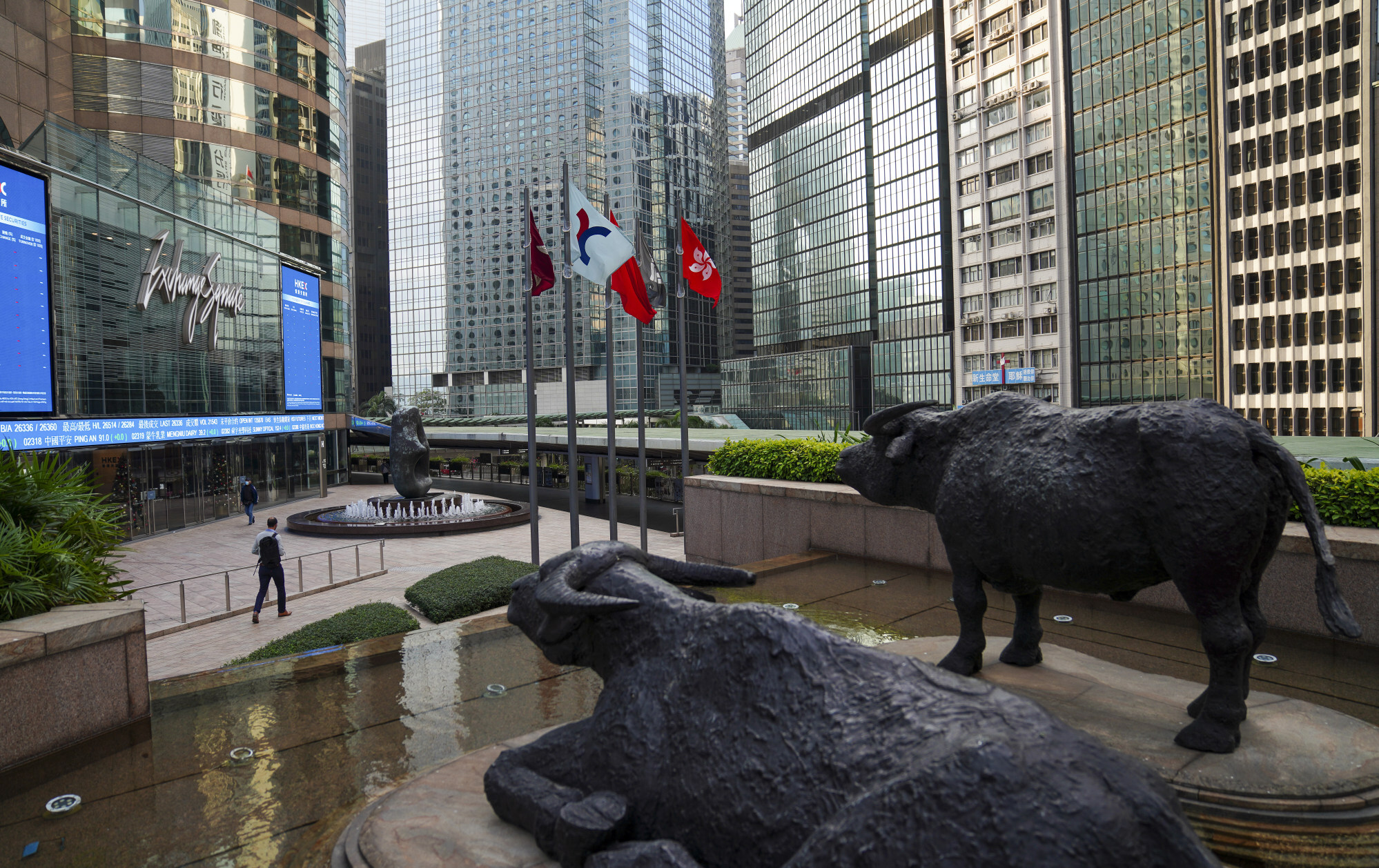 Pedestrians in face masks are seen outside the HKEX’s headquarters at Exchange Square in Central, Hong Kong. Photo: Sam Tsang