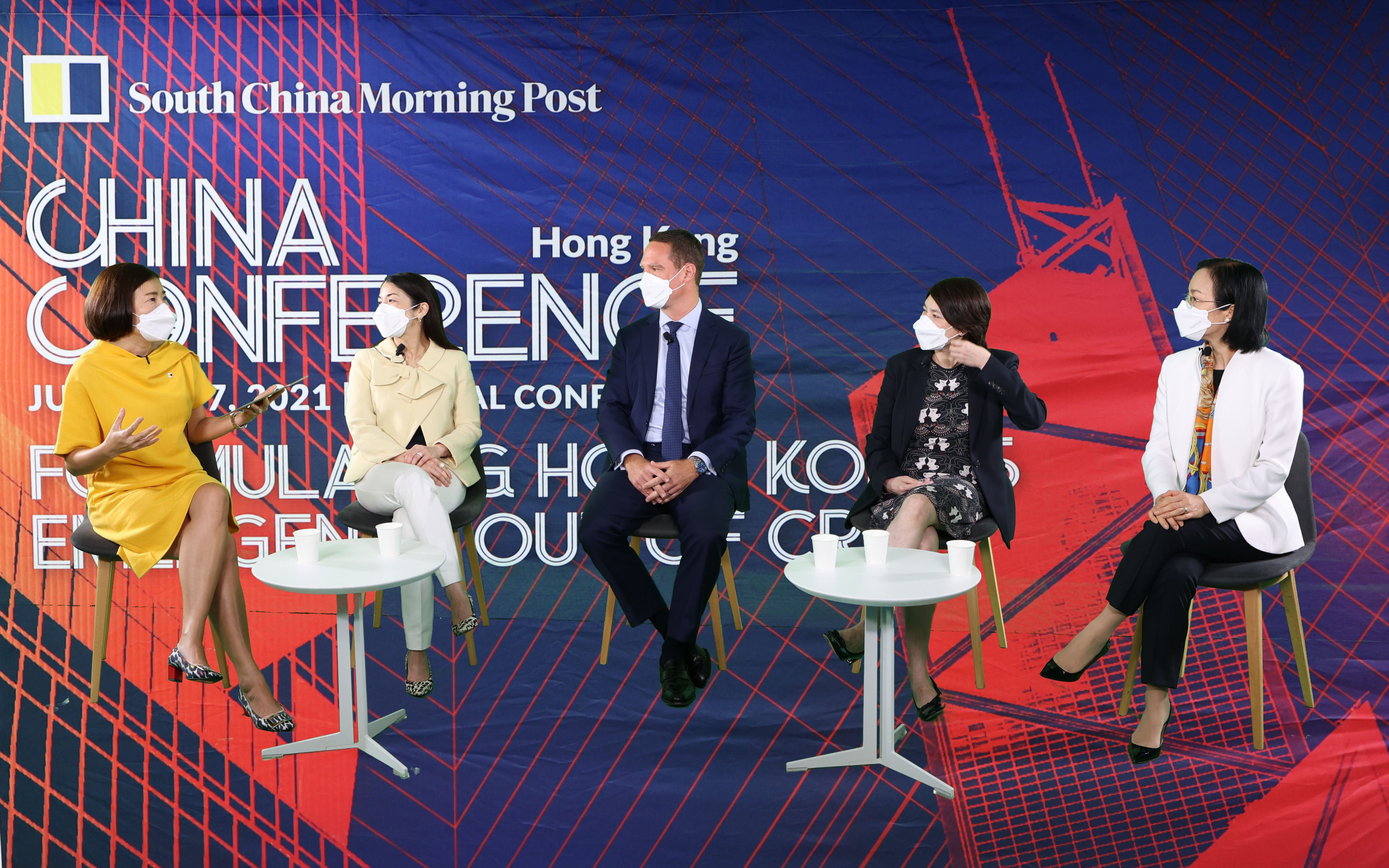 Post Hong Kong news editor Denise Tsang (far left) moderates a panel discussion with (left to right) Cynthia Chung of Deacons, Tom Gaffney of CBRE Hong Kong, Joanne Ho of Fung Group and Hong Qiu of Lazard Greater China. Photo: SCMP