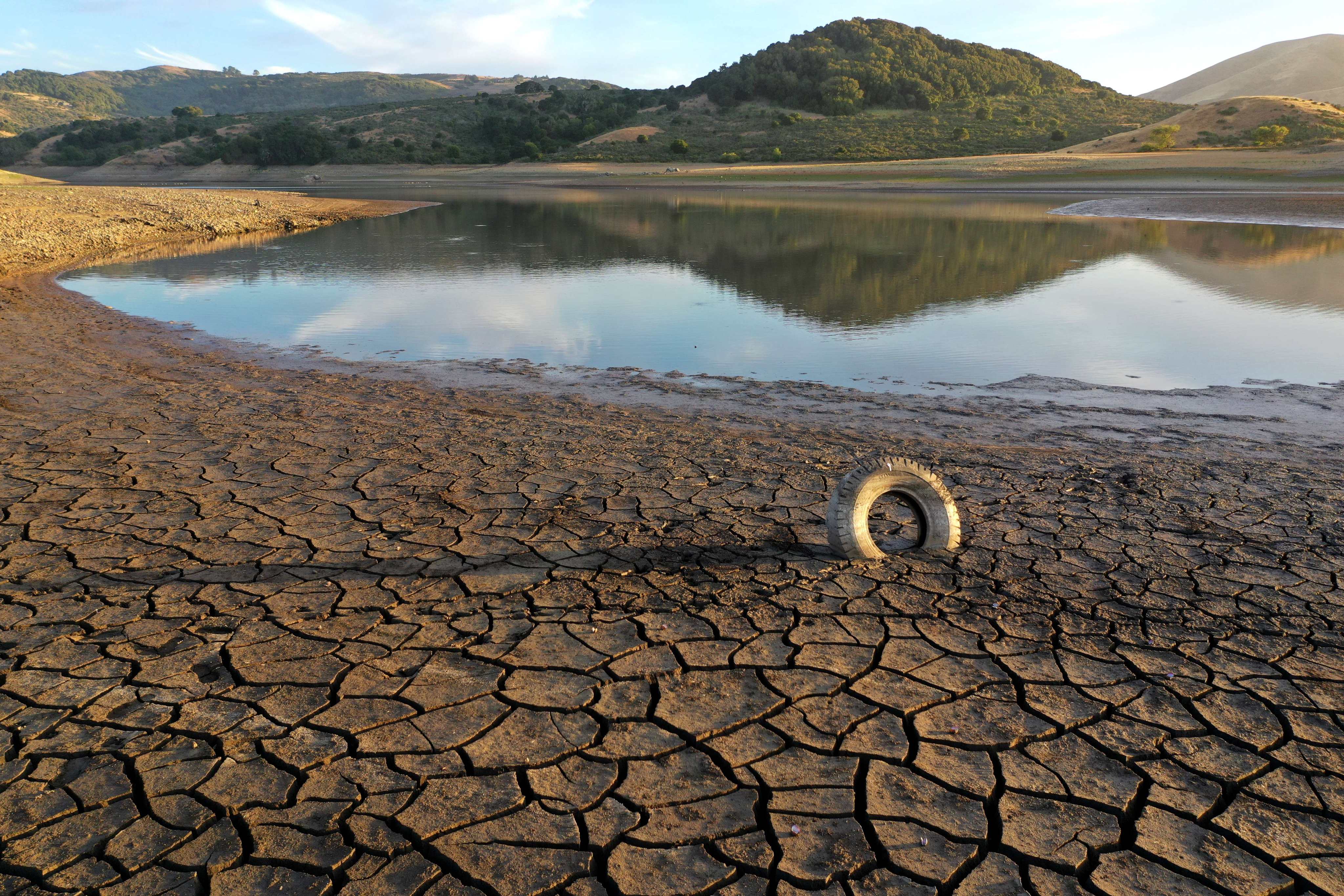 A tyre is wedged between cracks in dry earth at Nicasio Reservoir in Nicasio, California. Photo: AFP