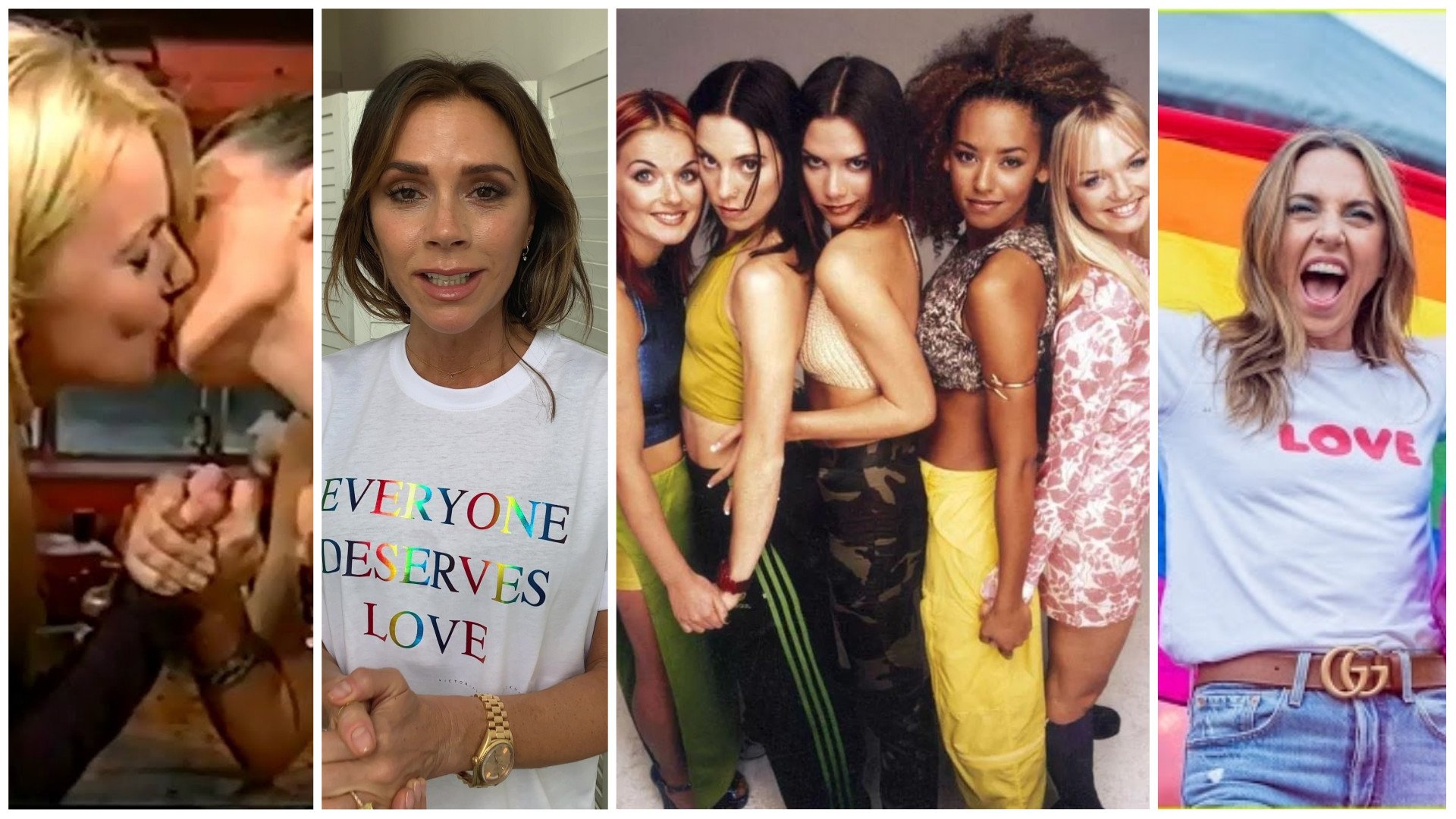 Here are 10 times the Spice Girls showed Pride over the years, from Geri Horner and Kylie Minogue’s TV kiss to Victoria Beckham’s Pride collection. Photos: YouTube, Handout, @victoriabeckham; @melaniecmusic/Instagram