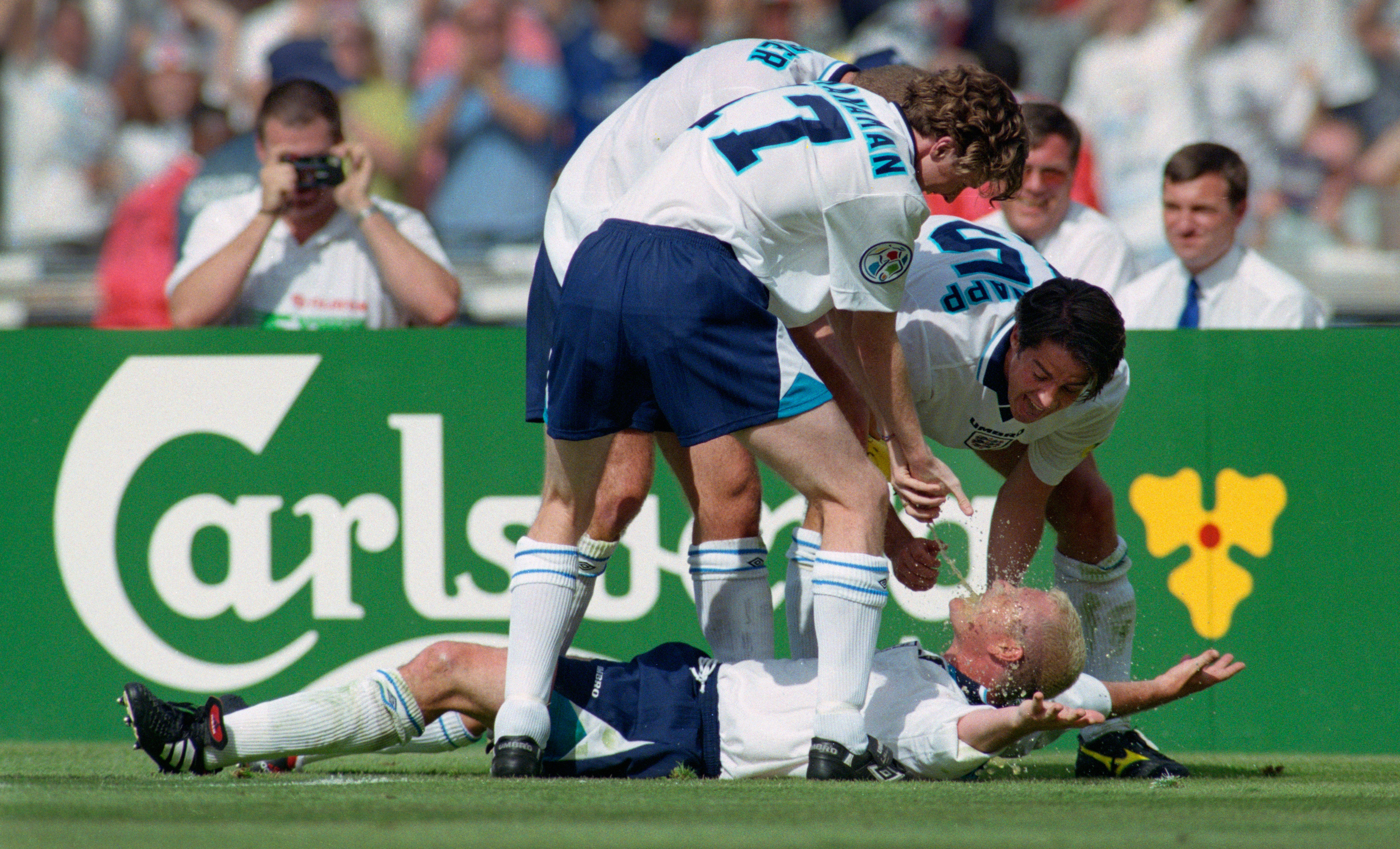 England goalscorer Paul Gascoigne celebrates in the ‘Dentist’s Chair’ with Steve McManaman (left) Teddy Sheringham and Jamie Redknapp during the Euro 96 group stage win over Scotland at Wembley. Photo: Stu Forster/Allsport/Getty Images