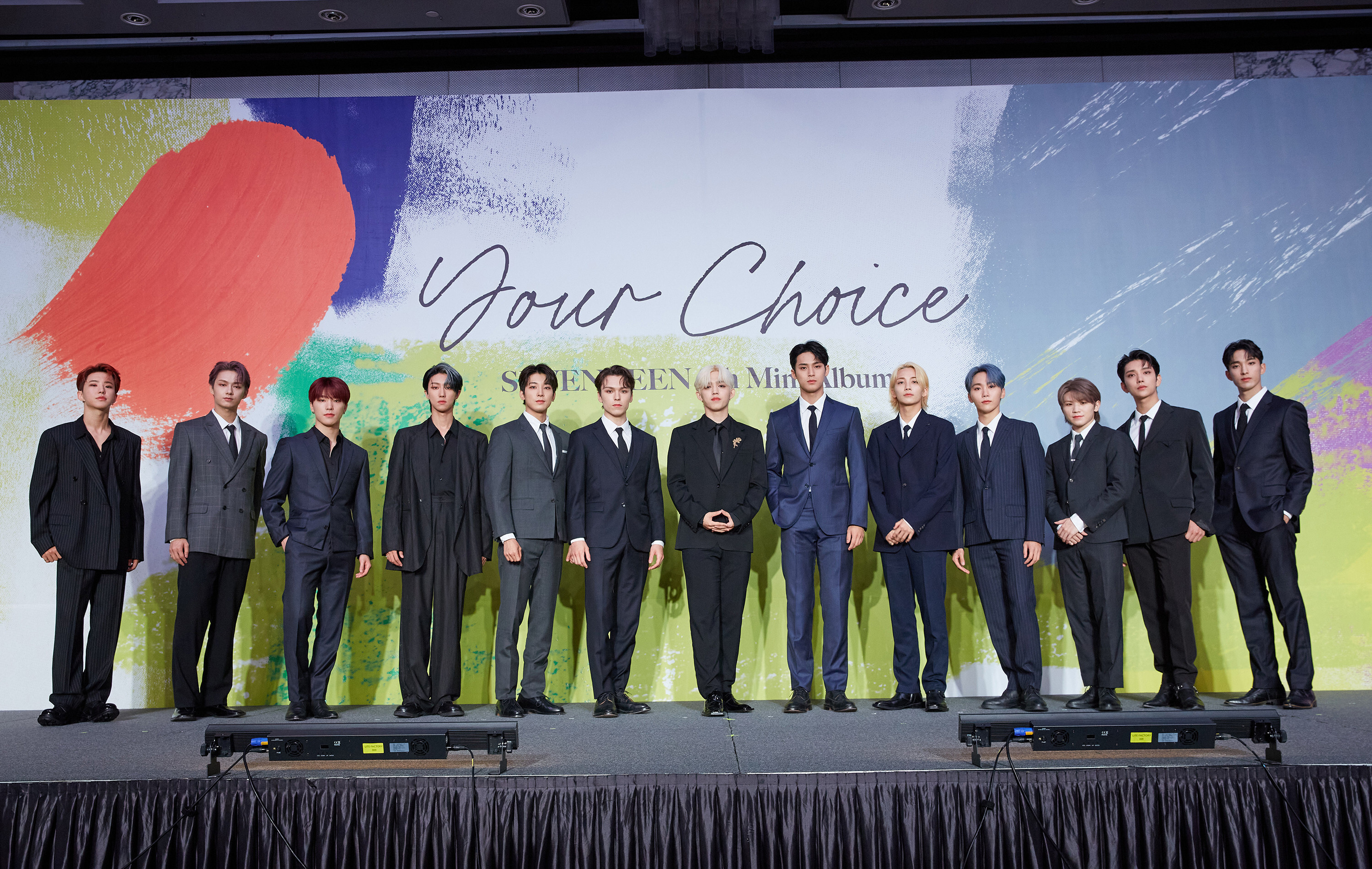 K-pop group Seventeen at Friday’s press conference to launch their latest mini album.