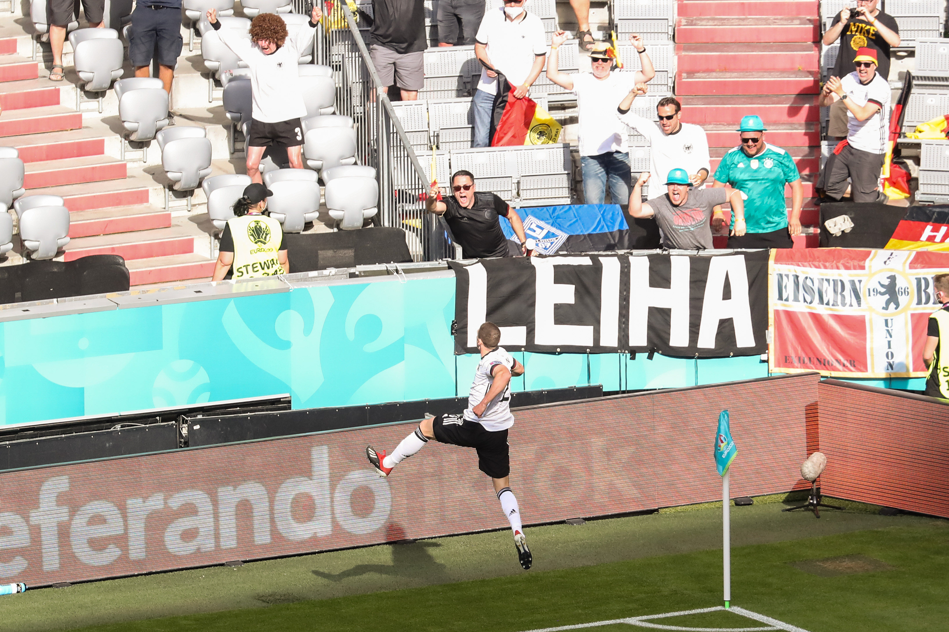 Robin Gosens celebrates scoring Germany’s fourth goal during their 4-2 demolition of Portugal. Photo: Xinhua