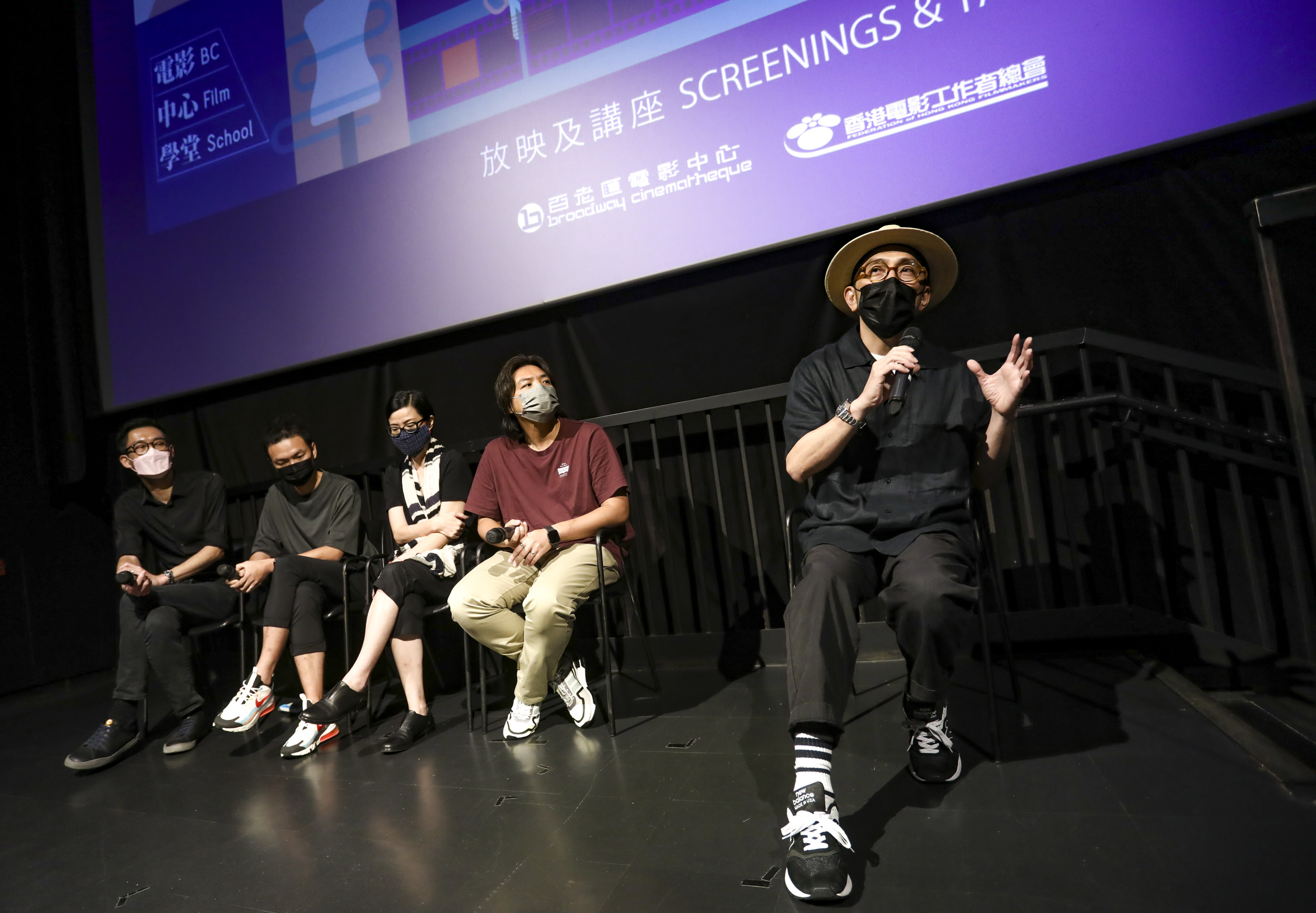 From left: BC director Clarence Tsui, art director Bly Li, costume designer Miggy Cheng, director of short film production and costume design Thomas Lee Chi-wai, and film art director Silver Cheung, speaking at BC Film School Offscreen Heroes’ Production and Costume Design talk. Photo: Jonathan 