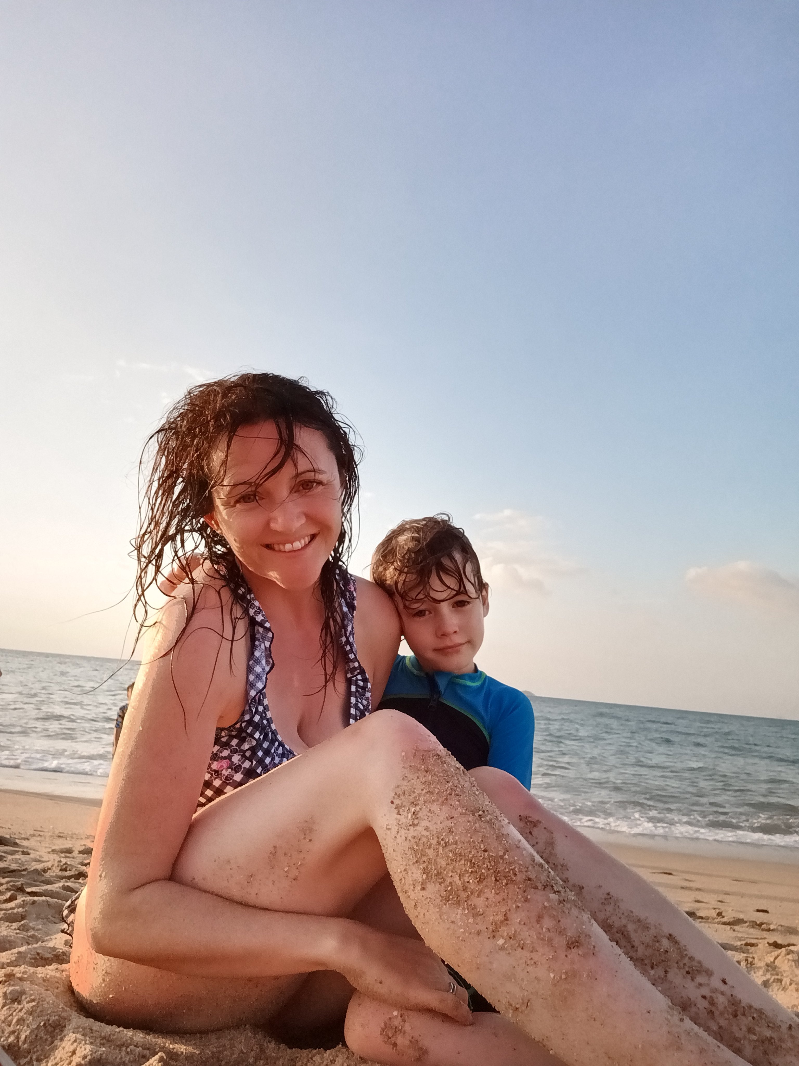 Meliosa Gormley and her son Hugh relaxing on a beach in Sanya, on Hainan island, China. Photo: Courtesy of Meliosa Gormley