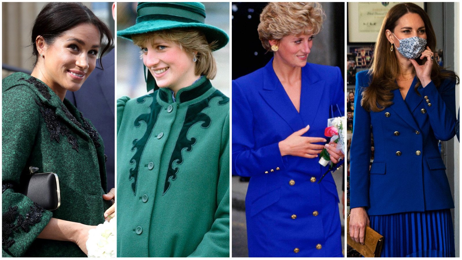 Whether intentional or by coincidence, Meghan Markle and Kate Middleton have mirrored Princess Diana’s outfits several times over the years. Photos: Reuters, @princessdianaremembered/Instagram; Getty Images, EPA-EFE