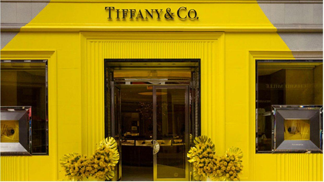 Tiffany & Co.’s yellow pop-up in Beverly Hills, a sign that the April Fool’s switch to yellow from the brand’s classic robin’s egg blue was more than just a joke. Photo: Tiffany & Co.