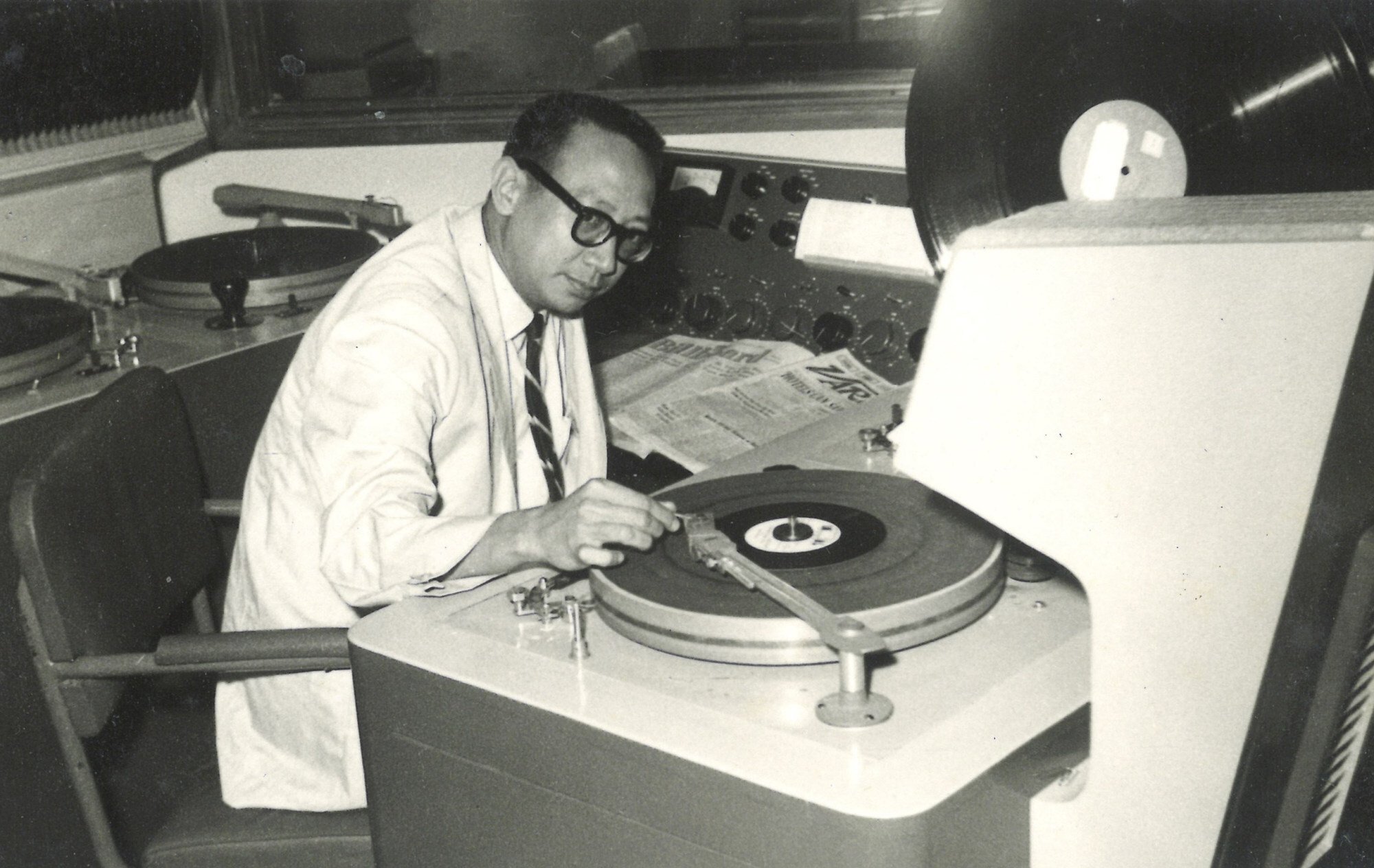 Cordeiro at the Rediffusion studio, where he started his broadcasting career in 1949. Photo: Ray Cordeiro