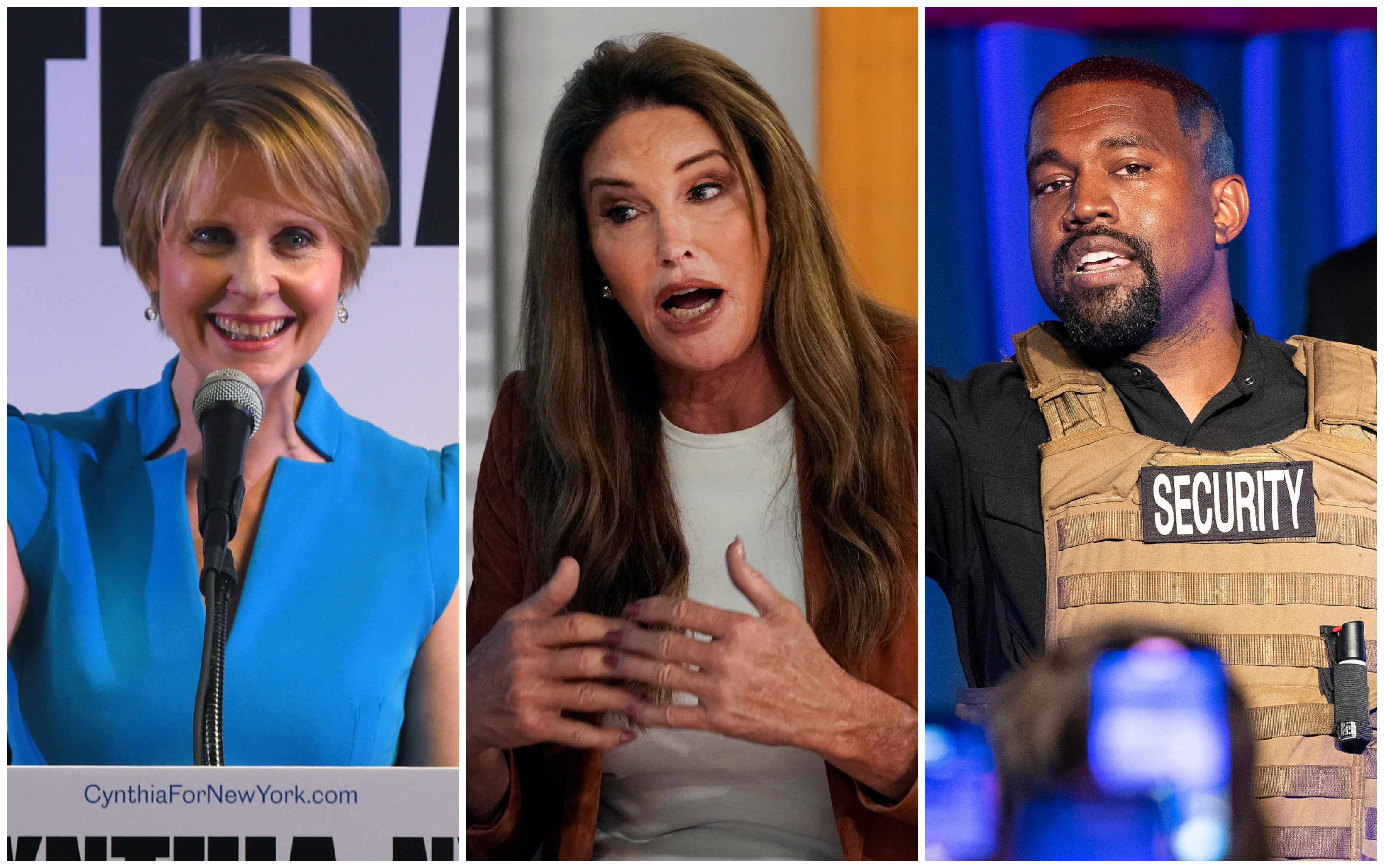 Cynthia Nixon and Kanye West are just two celebs who have tried and failed to get elected to political office in the US – now Caitlyn Jenner is trying to do better. Photos: AFP, AP
