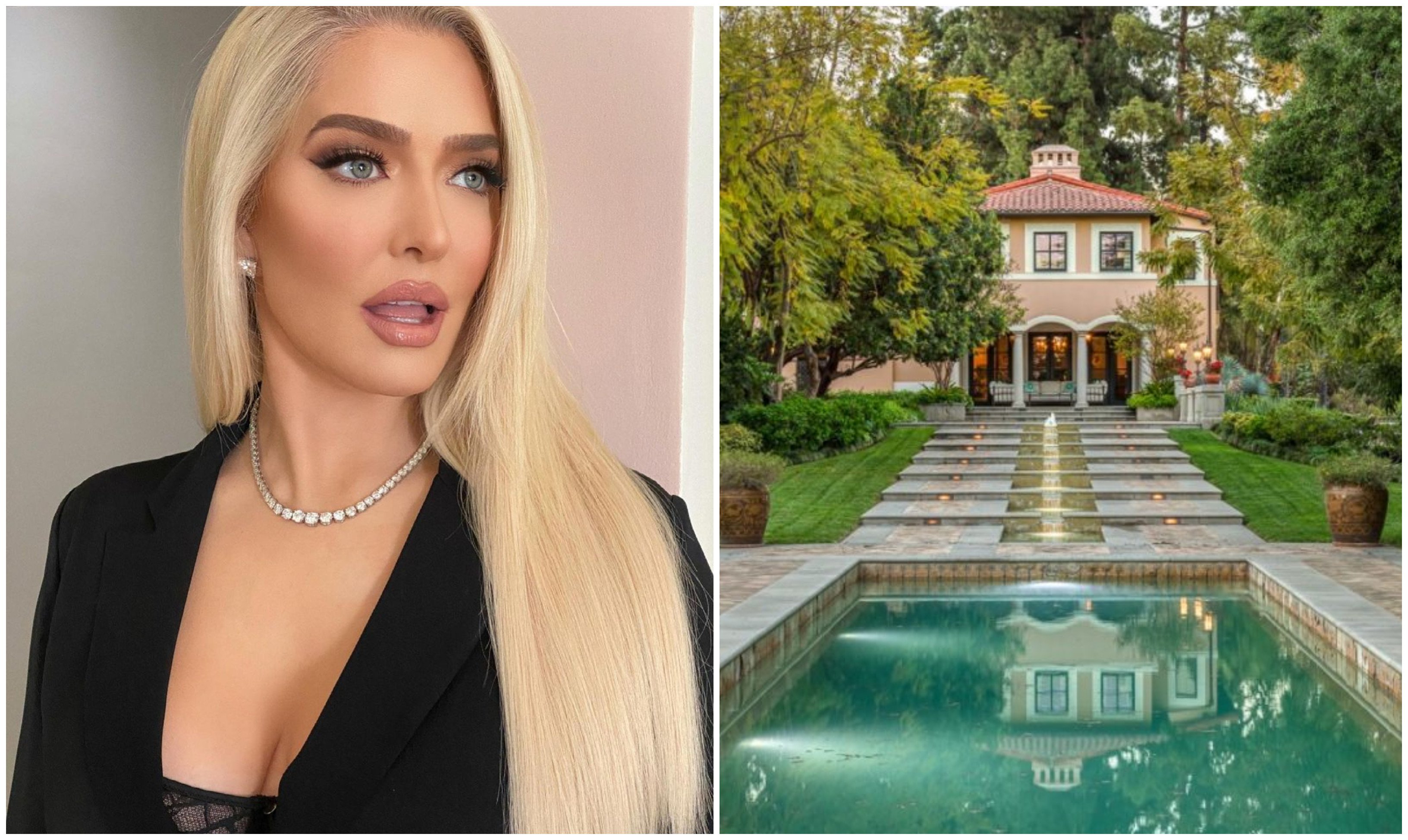 Erika Jayne and her Pasadena mansion – now on the market for US$13 million. Photos: @theprettymess/Instagram, TopTenRealEstateDeals.com