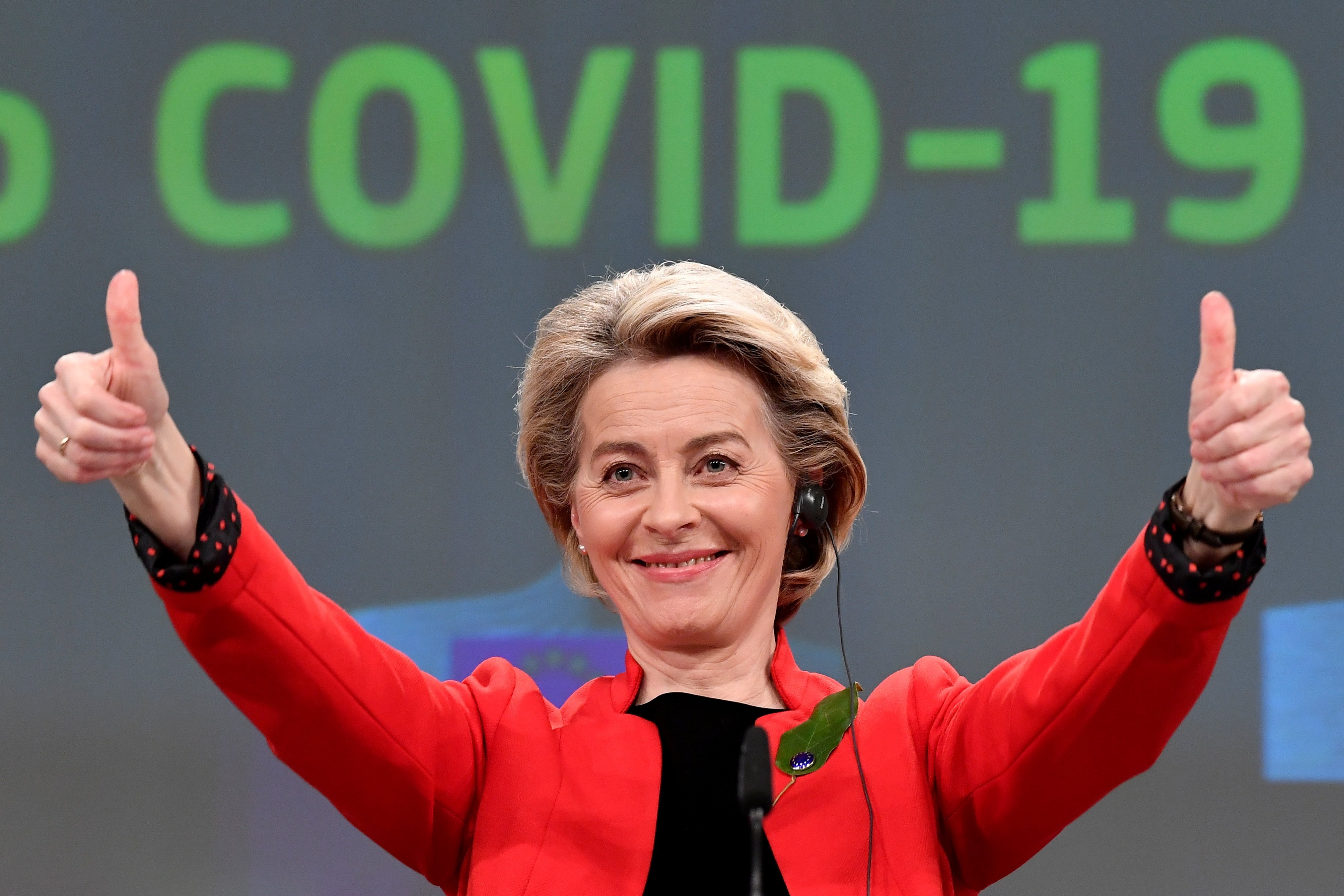European Commission President Ursula von der Leyen gestures during a press conference following a college meeting to introduce draft legislation on a common EU Covid-19 vaccination certificate at the EU headquarters in Brussels, Belgium, on March 17. Photo: Reuters