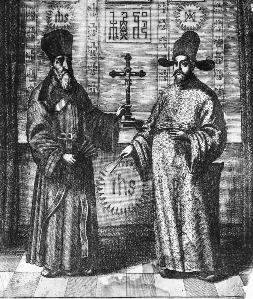 An illustration from a Chinese manuscript of the Jesuit missionary to China, Matteo Ricci, and his first convert, circa 1667. Photo: Hulton Archive/Getty Images