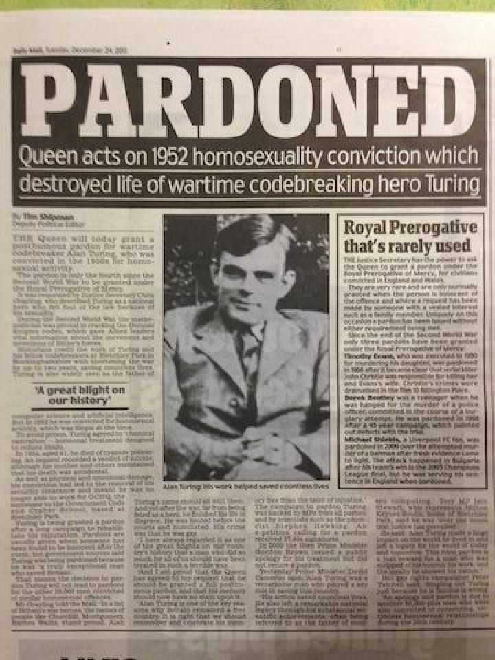 Queen Elizabeth granted a posthumous royal pardon to Alan Turing over 60 years after his conviction for “gross indecency” in 1952. Photo: @deductioniis/Twitter