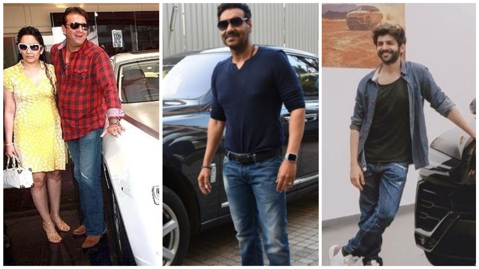 From left, Sanjay Dutt, Ajay Devgn and Kartik Aaryan, Bollywood stars pictured with their luxury cars. Photos: @Low_price_app; @AutoRepairTechs; @kartiksfantasy/Twitter