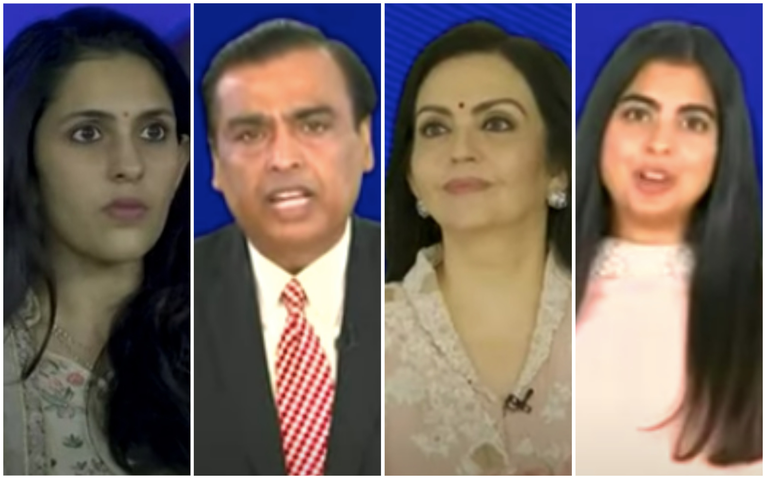 From left: Shloka Mehta, Mukesh Ambani, his wife Nita and their daughter Isha all appeared at the Reliance Industries AGM. Photos: YouTube