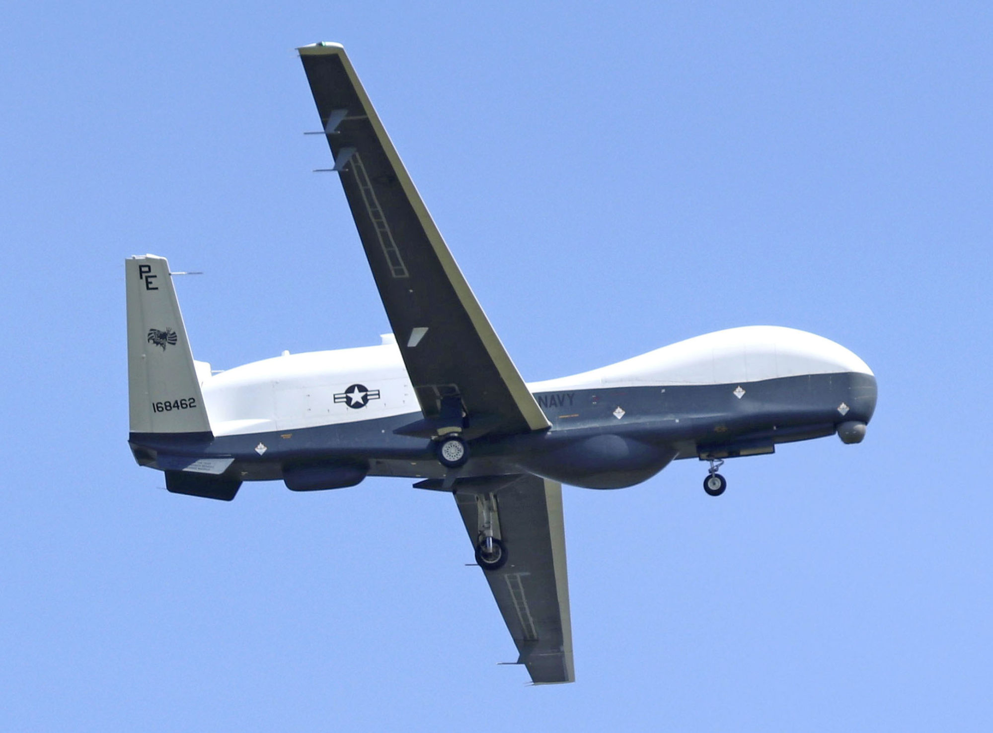 The US Navy’s unmanned surveillance aircraft Triton is pictured near the US military’s Misawa base in the city of Misawa in northeastern Japan on May 15. Photo: Kyodo