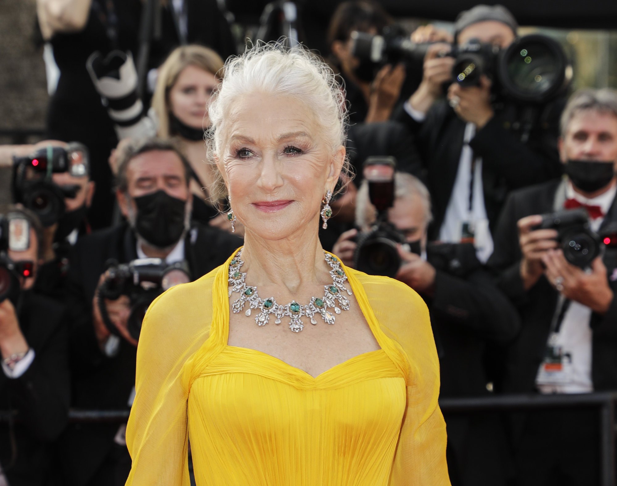 Helen Mirren poses for photographers upon arrival at the premiere of the film Annette and the opening ceremony of the 74th international film festival in Cannes, France on July 6, 2021. Photo: Invision/AP