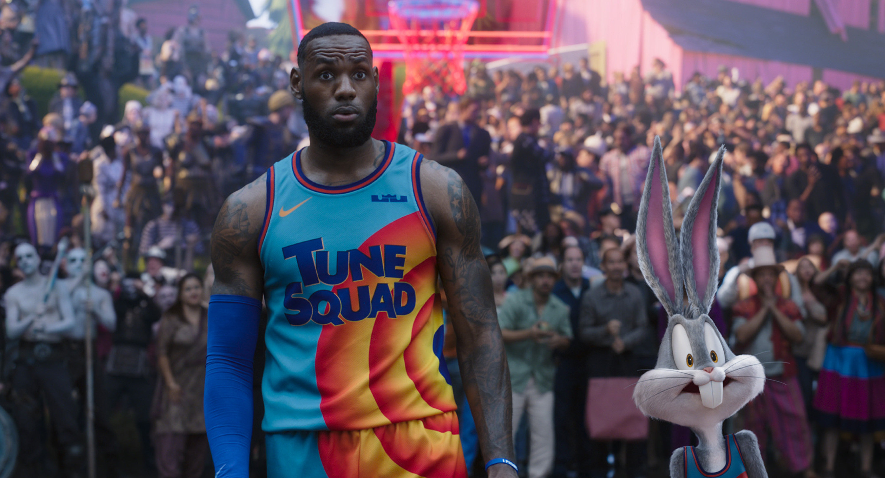 LeBron James makes an unlikely buddy of Bugs Bunny in Space Jam: A New Legacy, a 2021 take on the classic 1996 Michael Jordan film. Photo: Warner Bros. Pictures via TNS