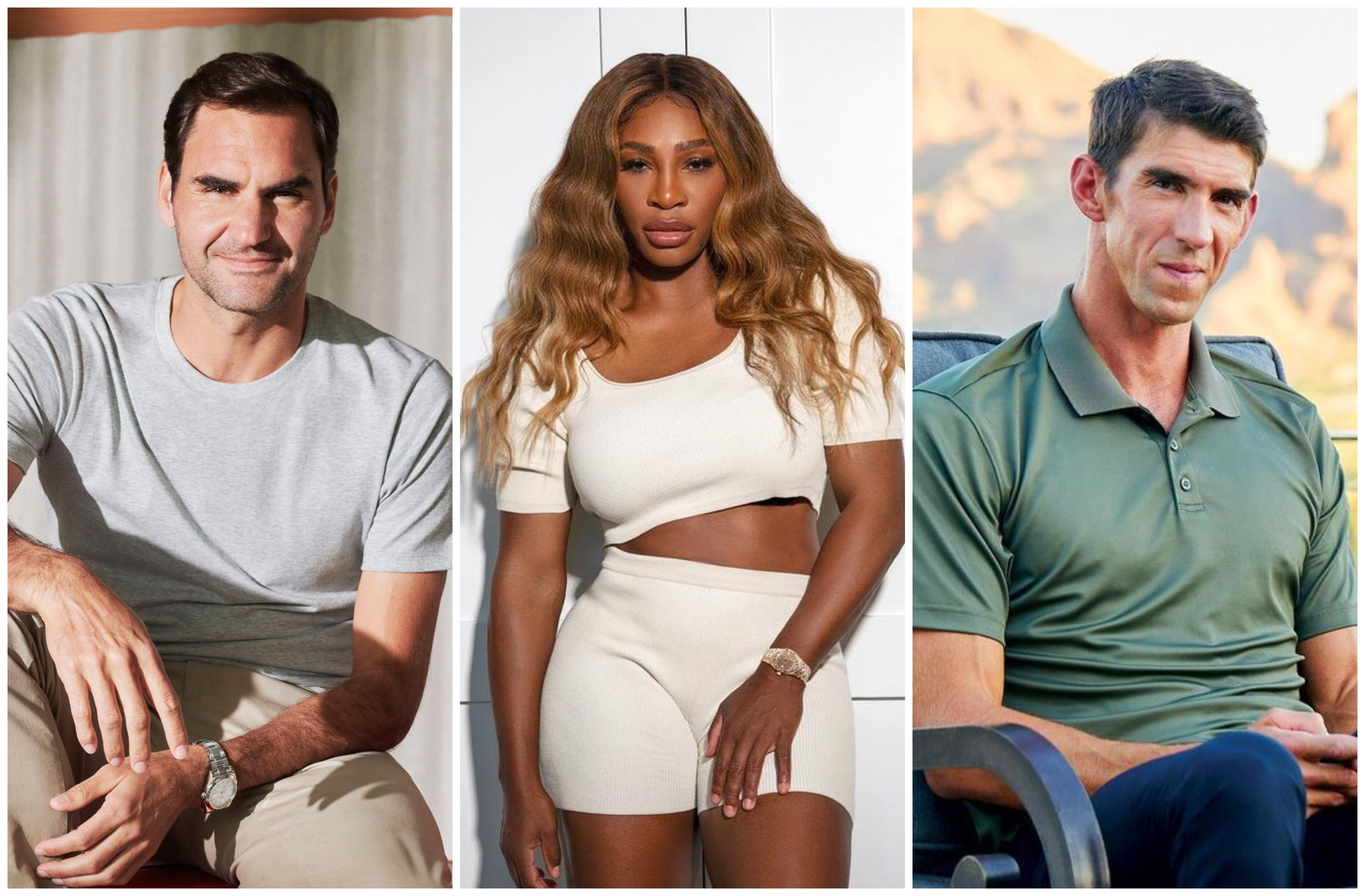 Roger Federer, Serena Williams and Michael Phelps are three of the most famous – and richest – Olympians. Photos: On Running; @serenawilliams, @m_phelps00/Instagram