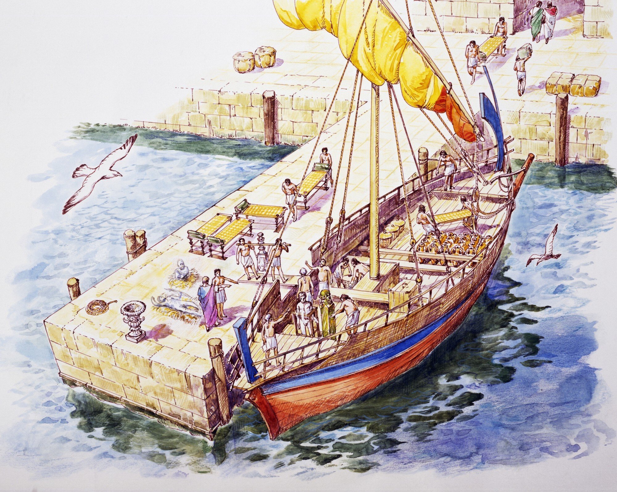 A drawing of a cargo ship in the first century BC, the same type of boat that sunk off Alonissos. Photo: DeAgostini/Getty Images