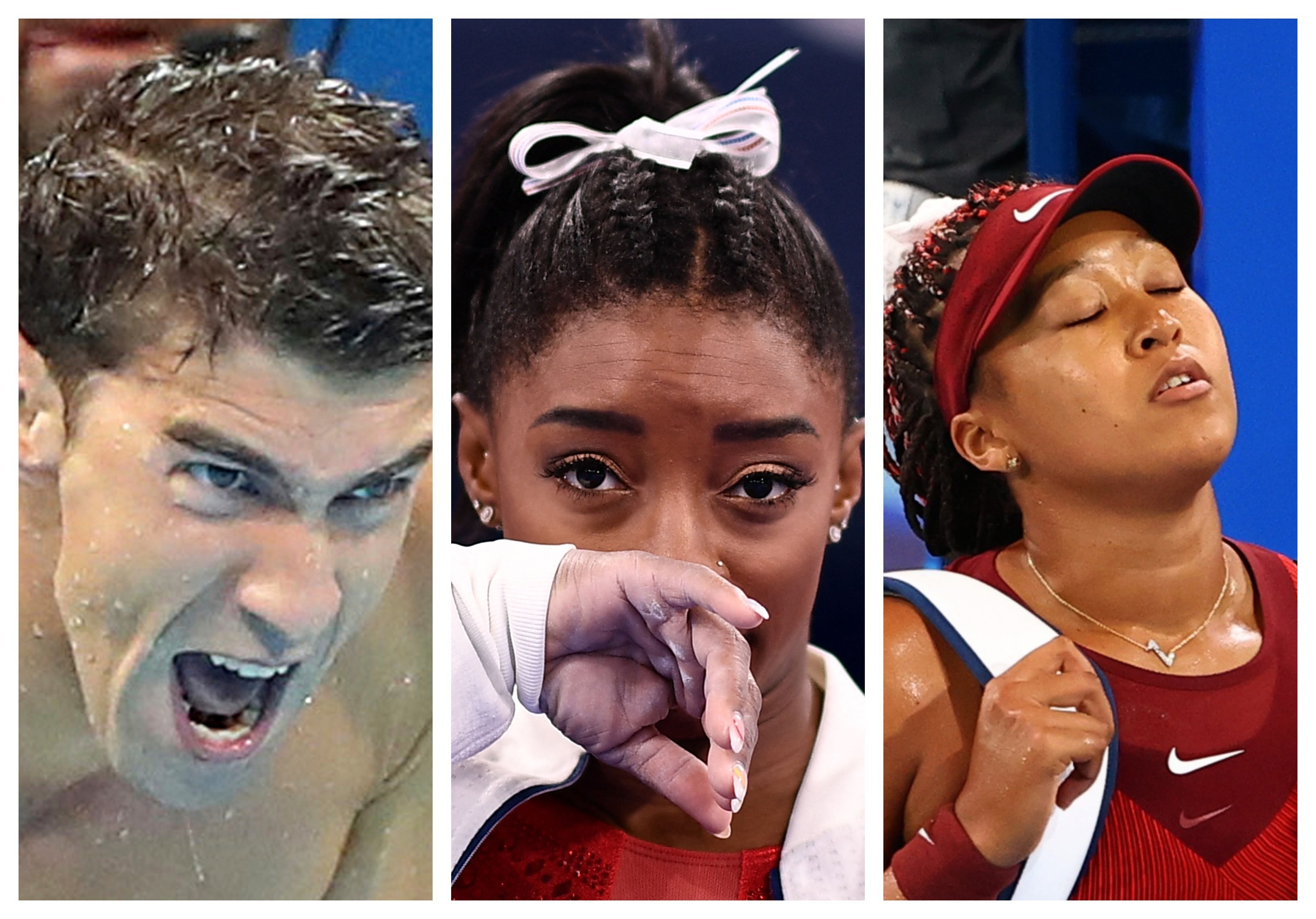Star athletes who have spoken out about their mental health struggles include Michael Phelps, Simone Biles and Naomi Osaka. Photos: AP, AFP, Reuters