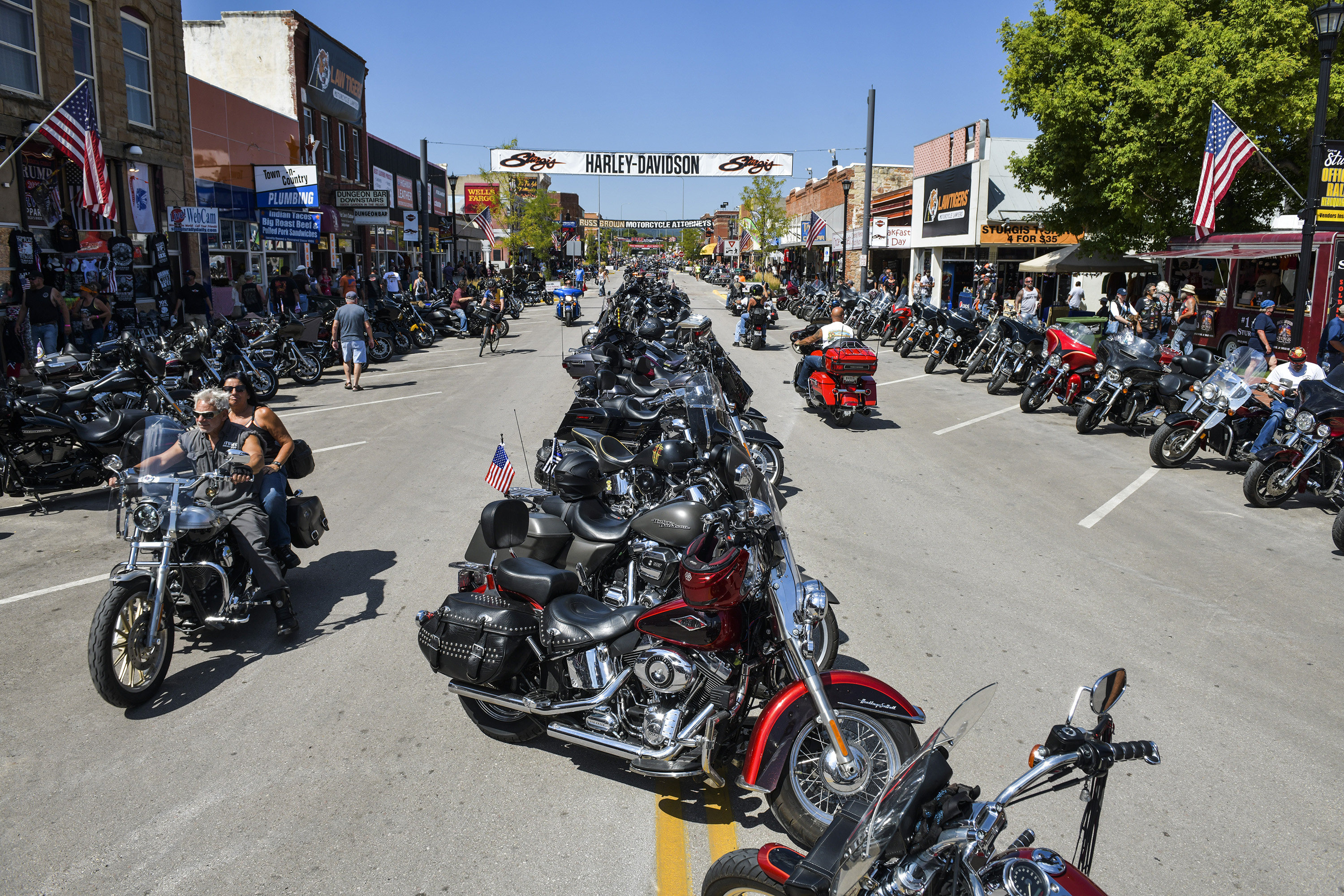 Motorcyclists ride down Main Street during the 2020 Sturgis Motorcycle Rally in Sturgis, South Dakota. Photo: Michael Ciaglo/Getty Images/TNS