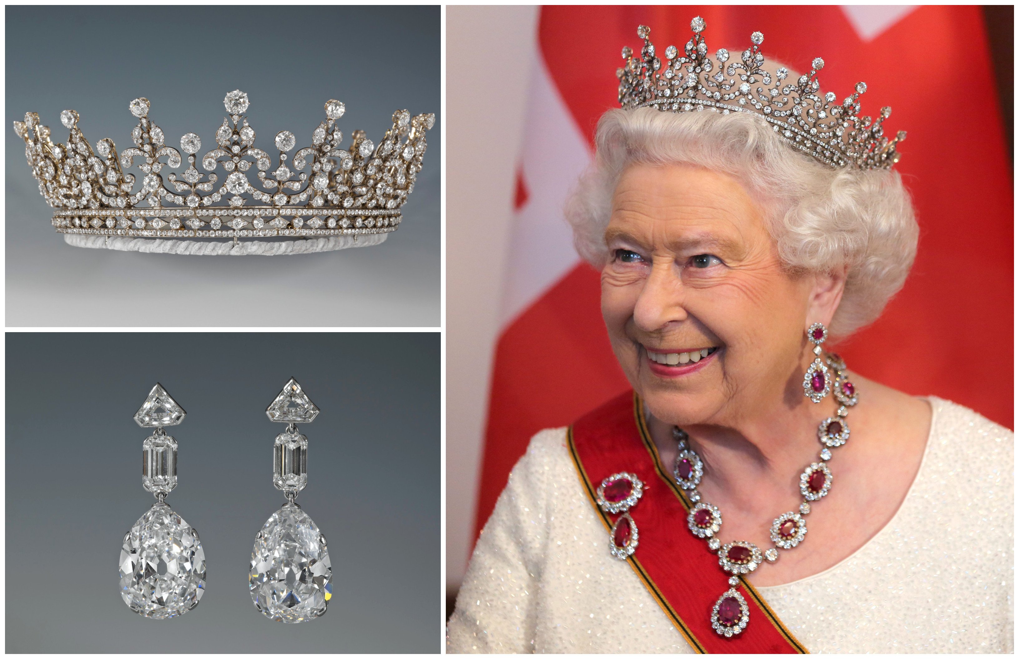 Queen Elizabeth’s sentimental favourites among the many pieces of jewellery in her collection, including the Girls of Great Britain and Ireland tiara and the Greville peardrop Earrings. Photo: Royal Collection Trust, EPA
