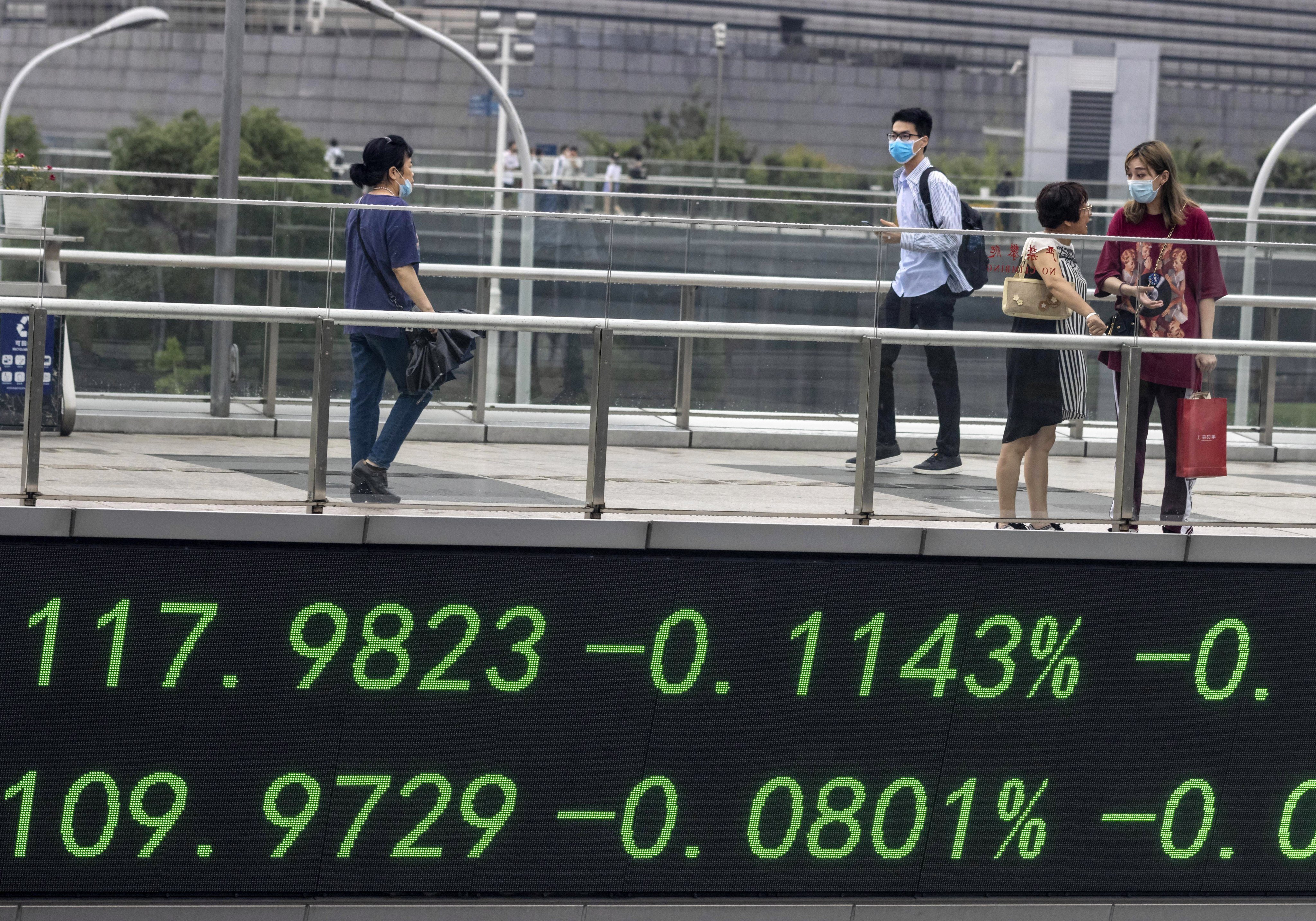 People walk over a pedestrian bridge with a monitor for stock exchange values in Shanghai, China. Photo: EPA