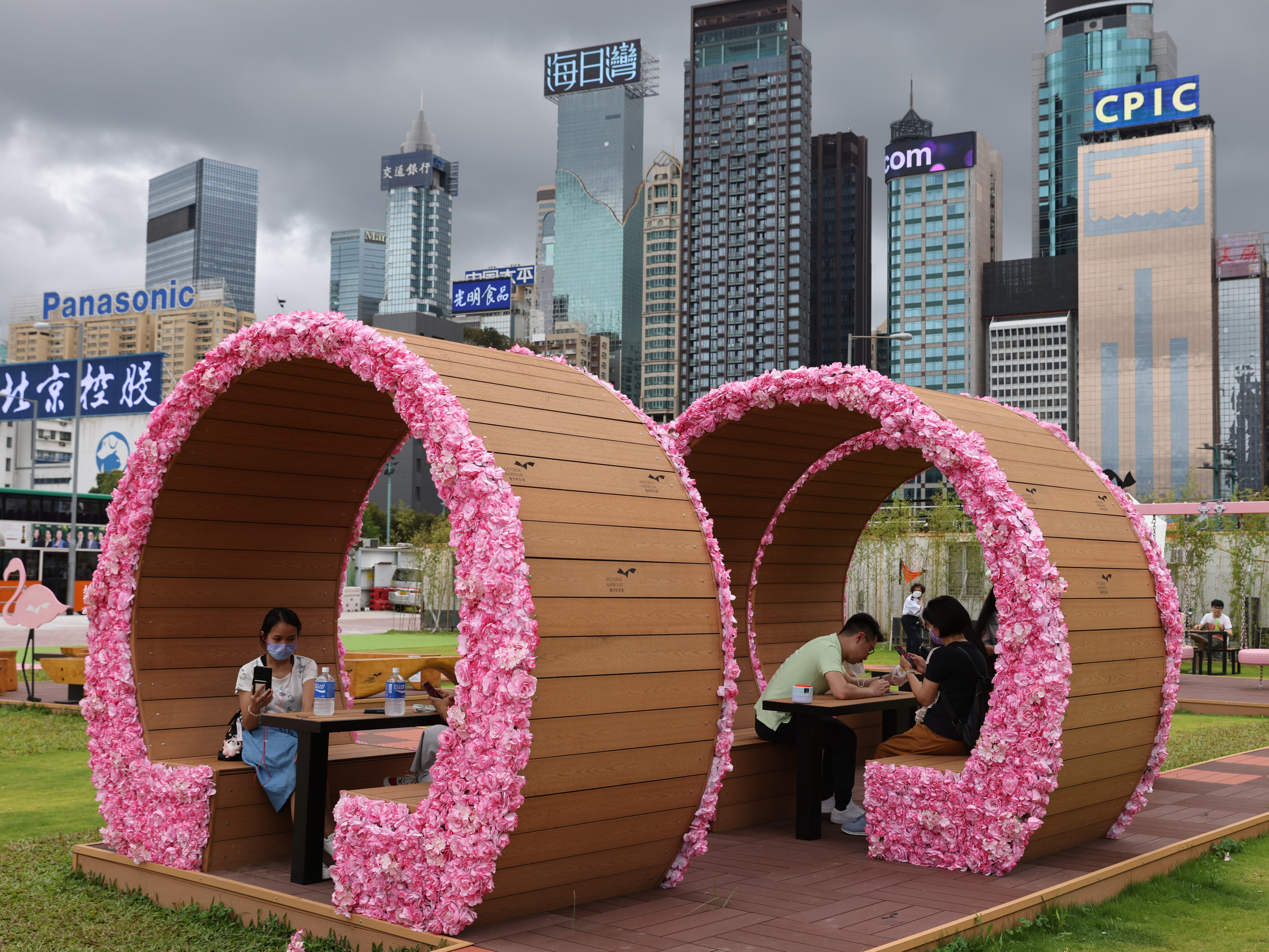 Visitors enjoy the pop-up initiative HarbourChill, where shelters, chairs and swings were set up for enjoyment next to the Pierside Precinct of Wan Chai Ferry Pier on May 29. Photo: Nora Tam