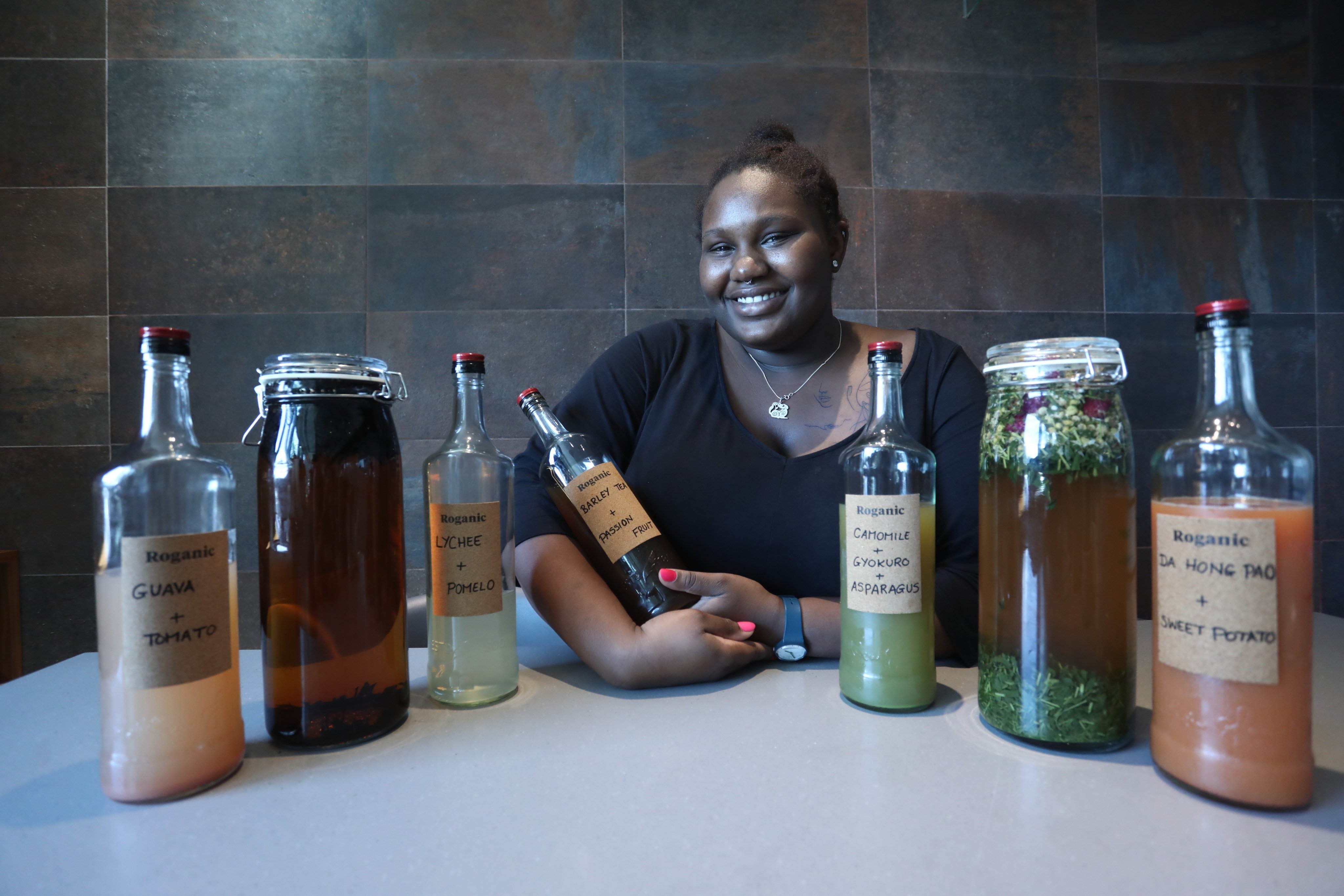 Aulis restaurant manager Laudy Gibba-Smith with some of her non-alcoholic drink concoctions. Photo: Jonathan Wong