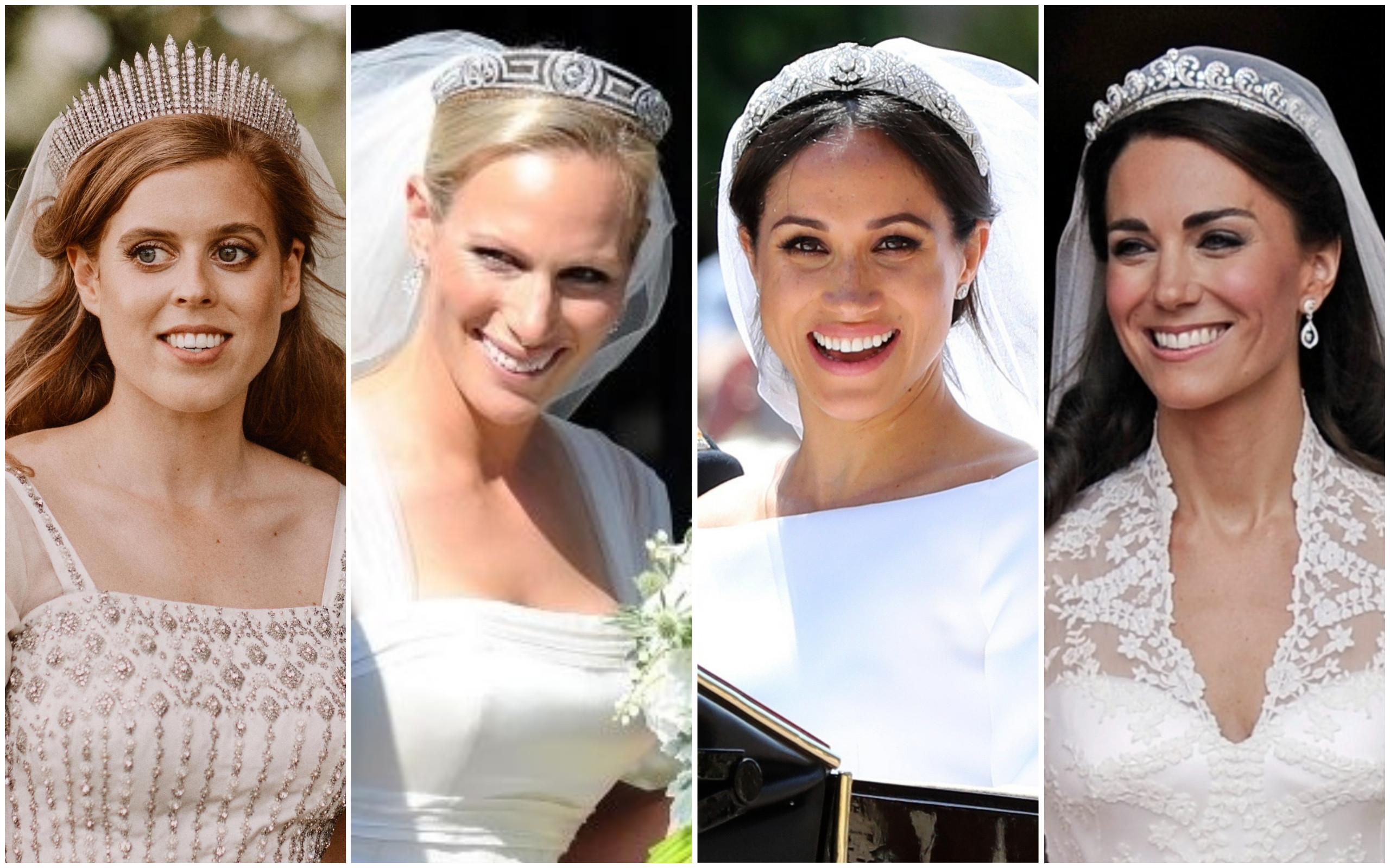 Princess Beatrice, Zara Tindall, Meghan Markle and Kate Middleton all got to delve into the royal jewellery box for their big day. Photo: Reuters, AP, @people/Pinterest