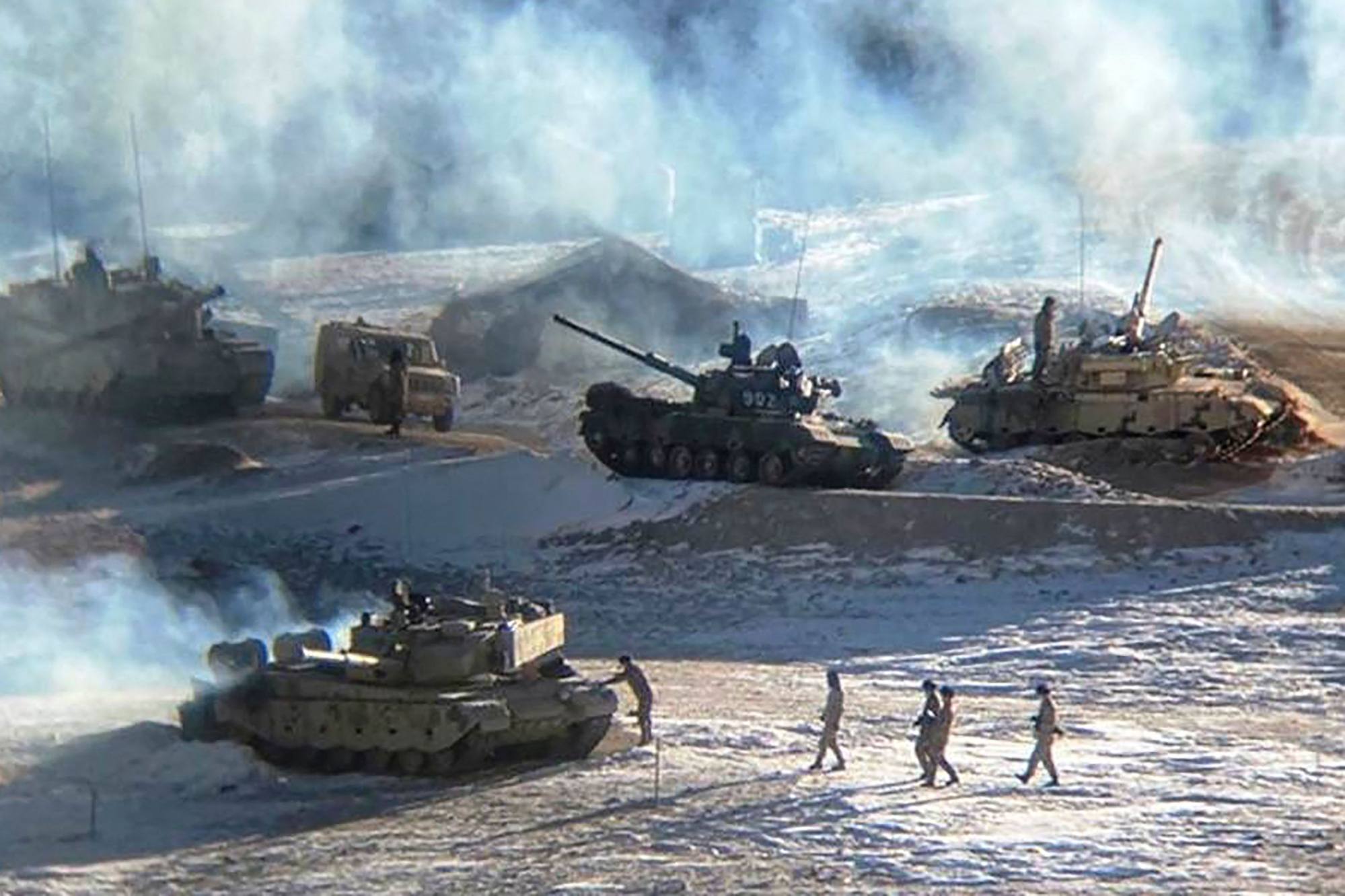 People Liberation Army (PLA) soldiers and tanks during military disengagement along the Line of Actual Control (LAC) at the India-China border in Ladakh. Photo: AFP