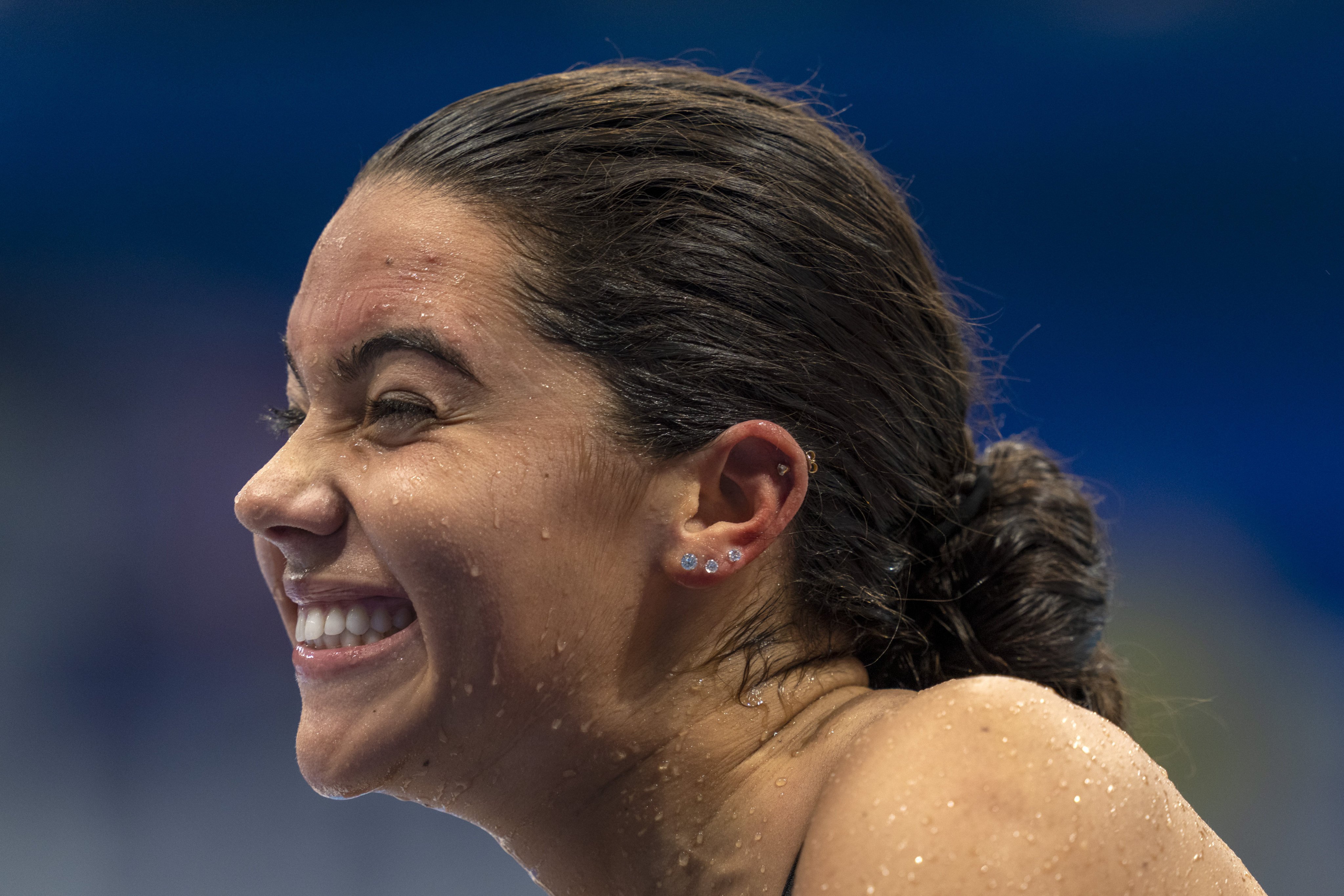 Anastasia Agonis, from the US, reacts after beating a record at the Women’s 400m Freestyle - S11 Heat 2 at the Tokyo Aquatics Centre during the Tokyo 2020 Paralympic Games. Photo: AP