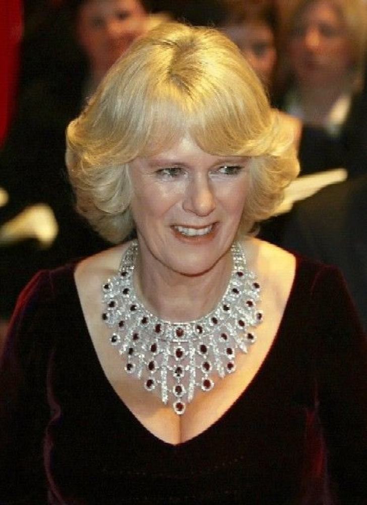 Camilla Parker Bowles’ ruby demi-parure necklace was gifted as a wedding present. Photo: @DuchessCofC/Twitter