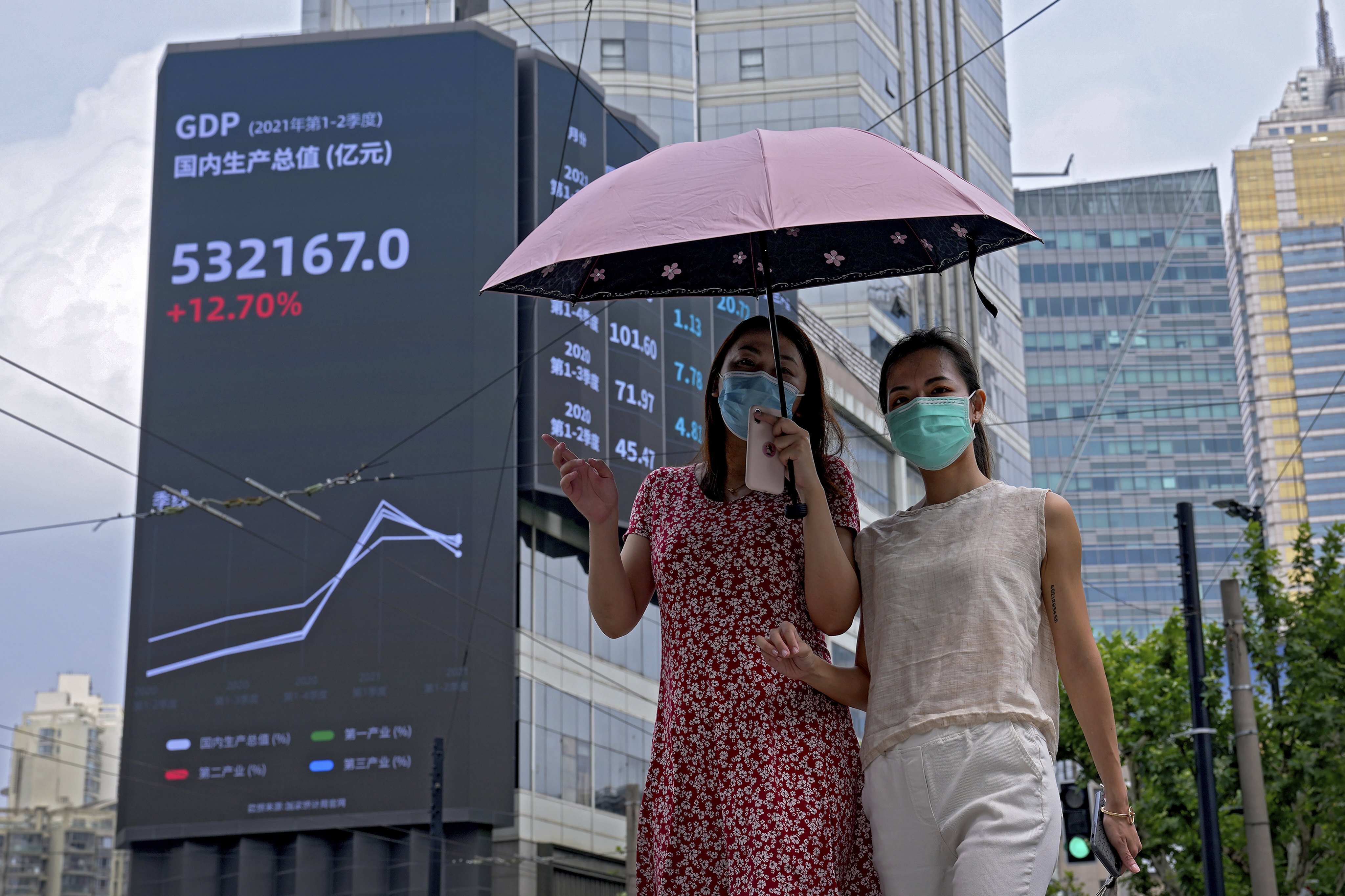 Women walk by an electronic billboard showing China’s GDP index on a commercial office building in Shanghai, on August 24. Photo: AP