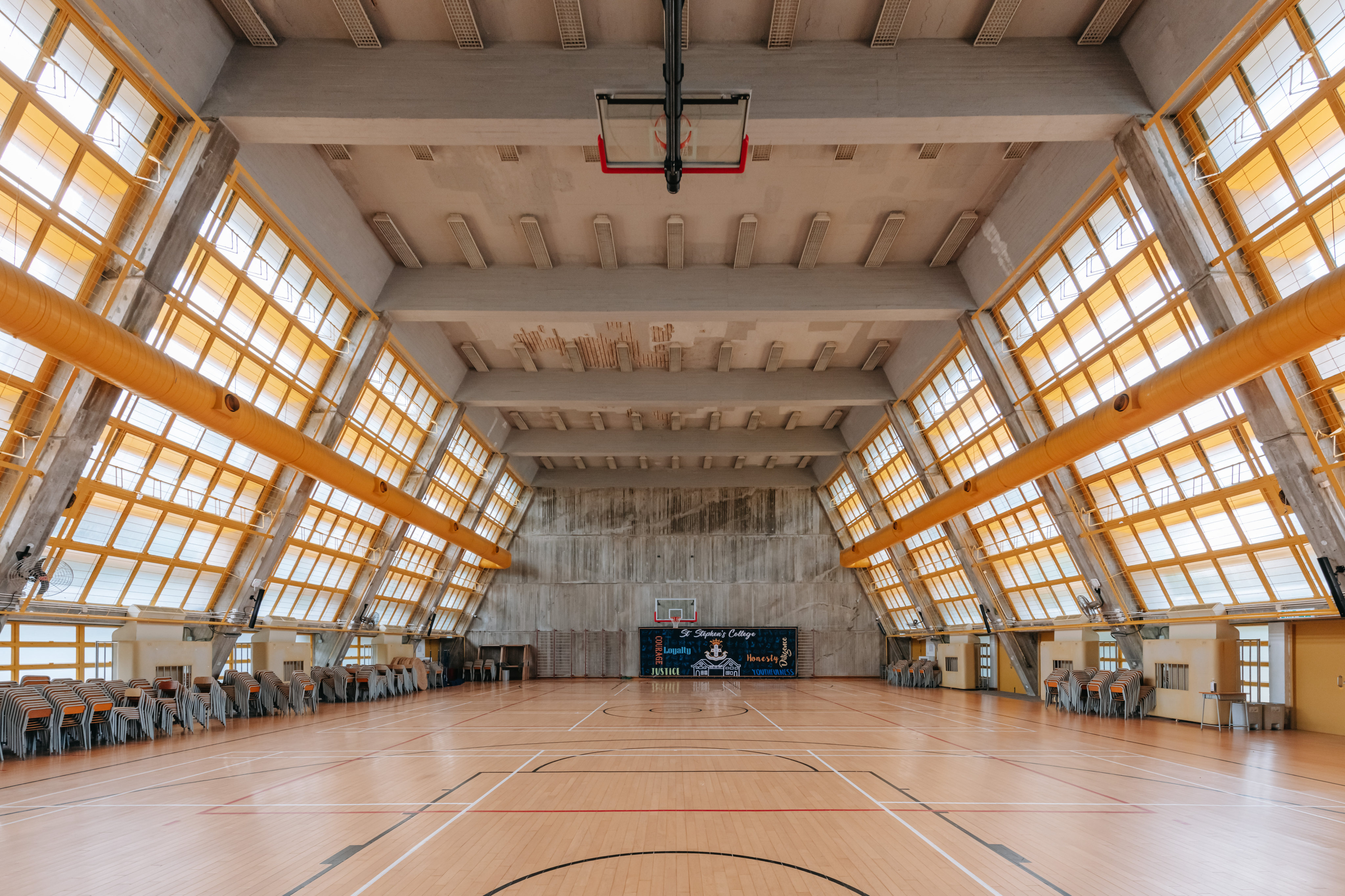 The interior of the Brutalist gymnasium designed by Ho Tao at St Stephen’s College, Stanley. When a global survey of Brutalism cited only this building in Hong Kong, architects set out to find and celebrate more of them. Photo: Kevin Mak/1km Studio