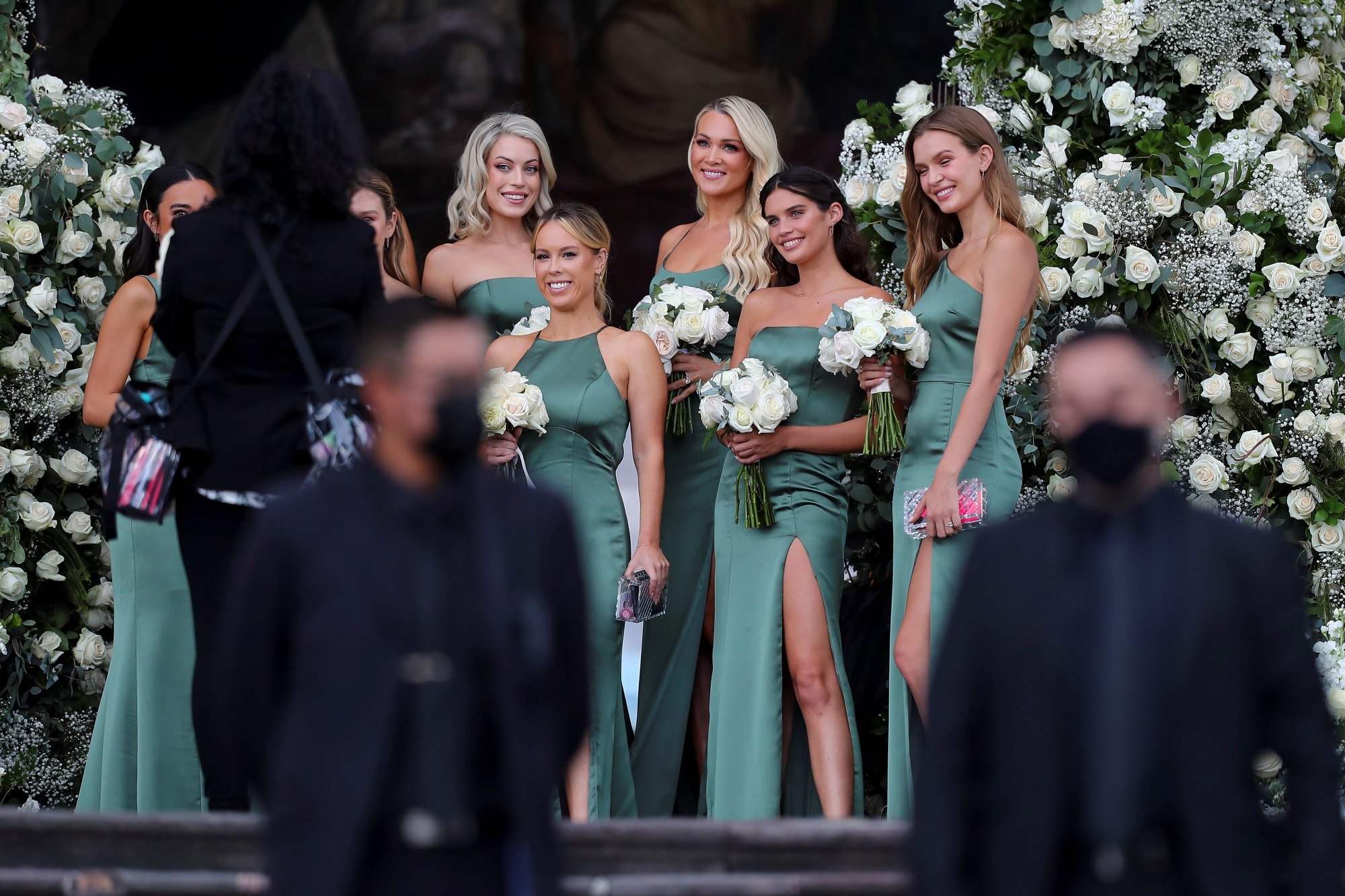 Models Josephine Skriver (top left) and Sara Sampaio (second from right) along with other guests pose for photographs as they attend the marriage ceremony of Juan David Borrero, son of the vice-president of Ecuador, Alfredo Borrero, and his bride, American model Jasmine Tookes, in the Church of San Francisco in Quito, Ecuador, on 4 September. Photo: EPA-EFE