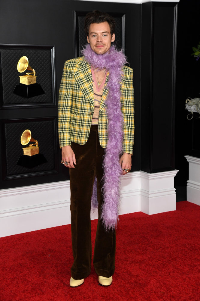 British singer Harry Styles wore a faux fur scarf from Gucci at the 2021 Grammy Awards at the Los Angeles Convention Centre in Los Angeles, California. Photo: Getty Images