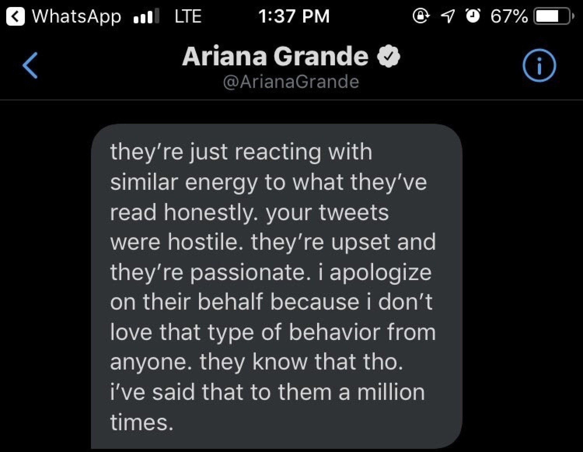 Rosyln shared screenshots of her DM’s with Ariana Grande following the backlash from Grande’s supporters. Photo: @roslyntalusan/Twitter