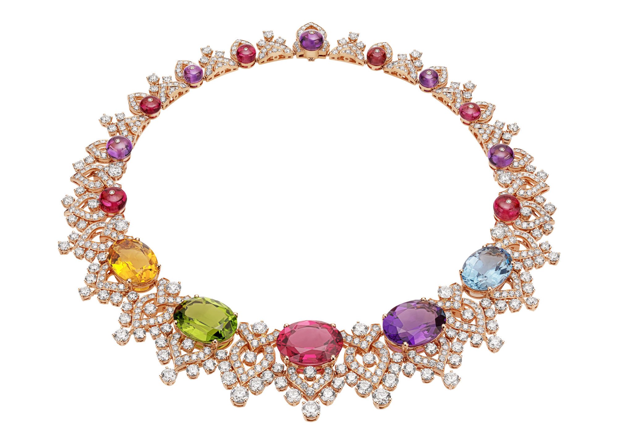 Bulgari’s Barocko High Jewellery Collection necklace in pink gold with oval gemstones – citrine (13.30 carat), peridot (22.04 carat), rubellite (19.62 carat), amethyst (17.05 carat), aquamarine (12.11 carat) – tourmaline beads (18.89 carats), amethyst beads (14.31 carats), round brilliant-cut diamonds and pavé-set diamonds (40.95 carats). Photo: Bulgari